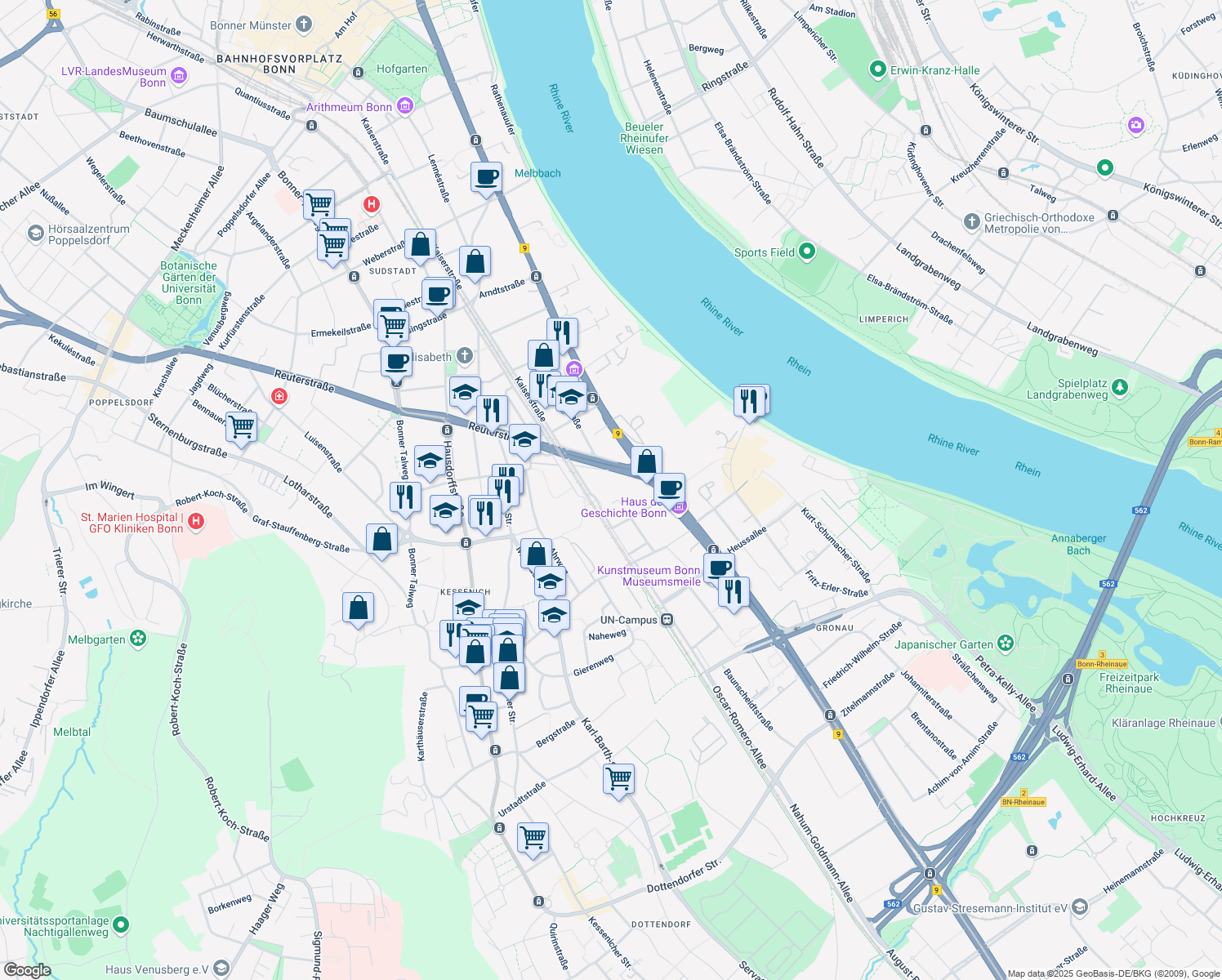 map of restaurants, bars, coffee shops, grocery stores, and more near 2 Bundeskanzlerplatz in Bonn