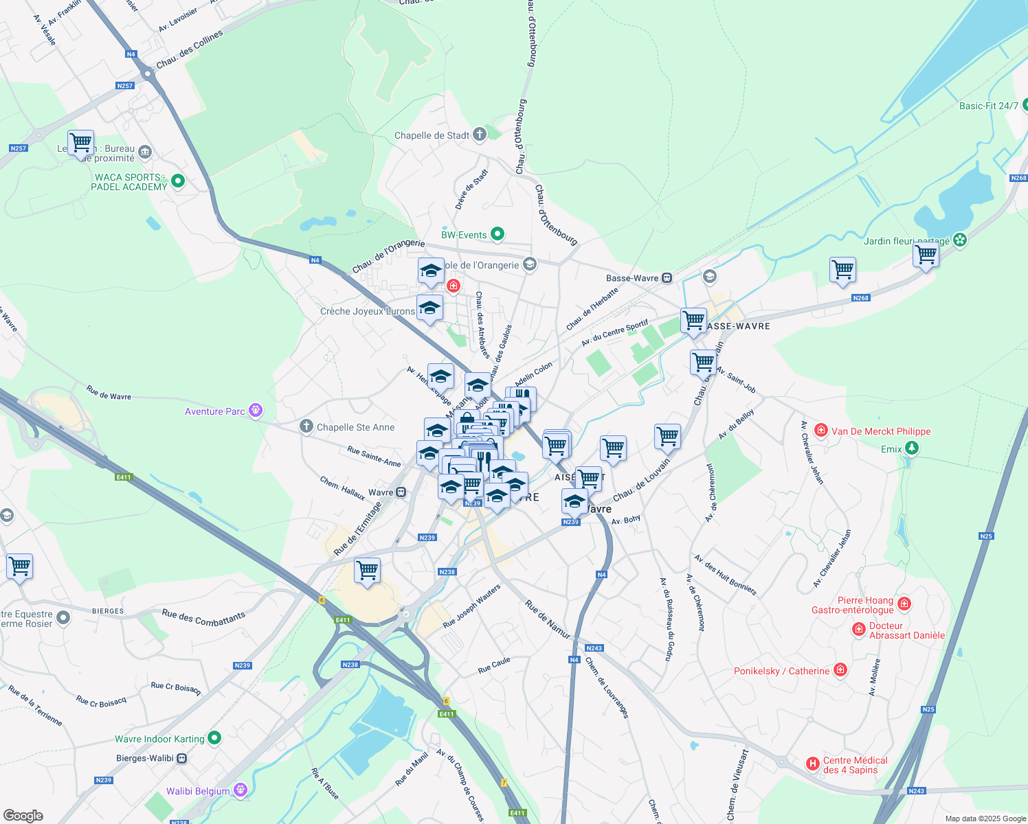map of restaurants, bars, coffee shops, grocery stores, and more near 11 Chaussée de Bruxelles in Wavre