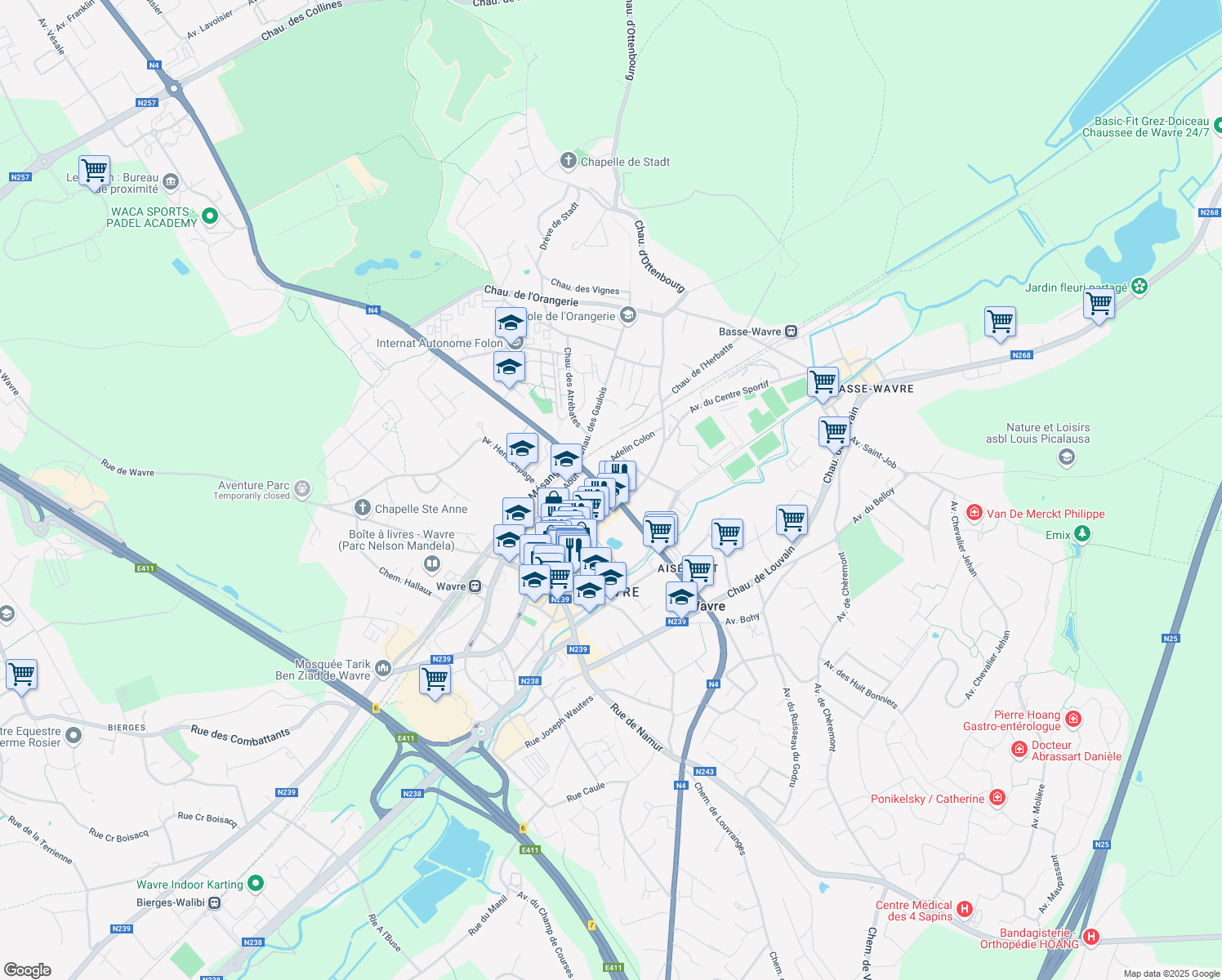 map of restaurants, bars, coffee shops, grocery stores, and more near 11 Chaussée de Bruxelles in Wavre
