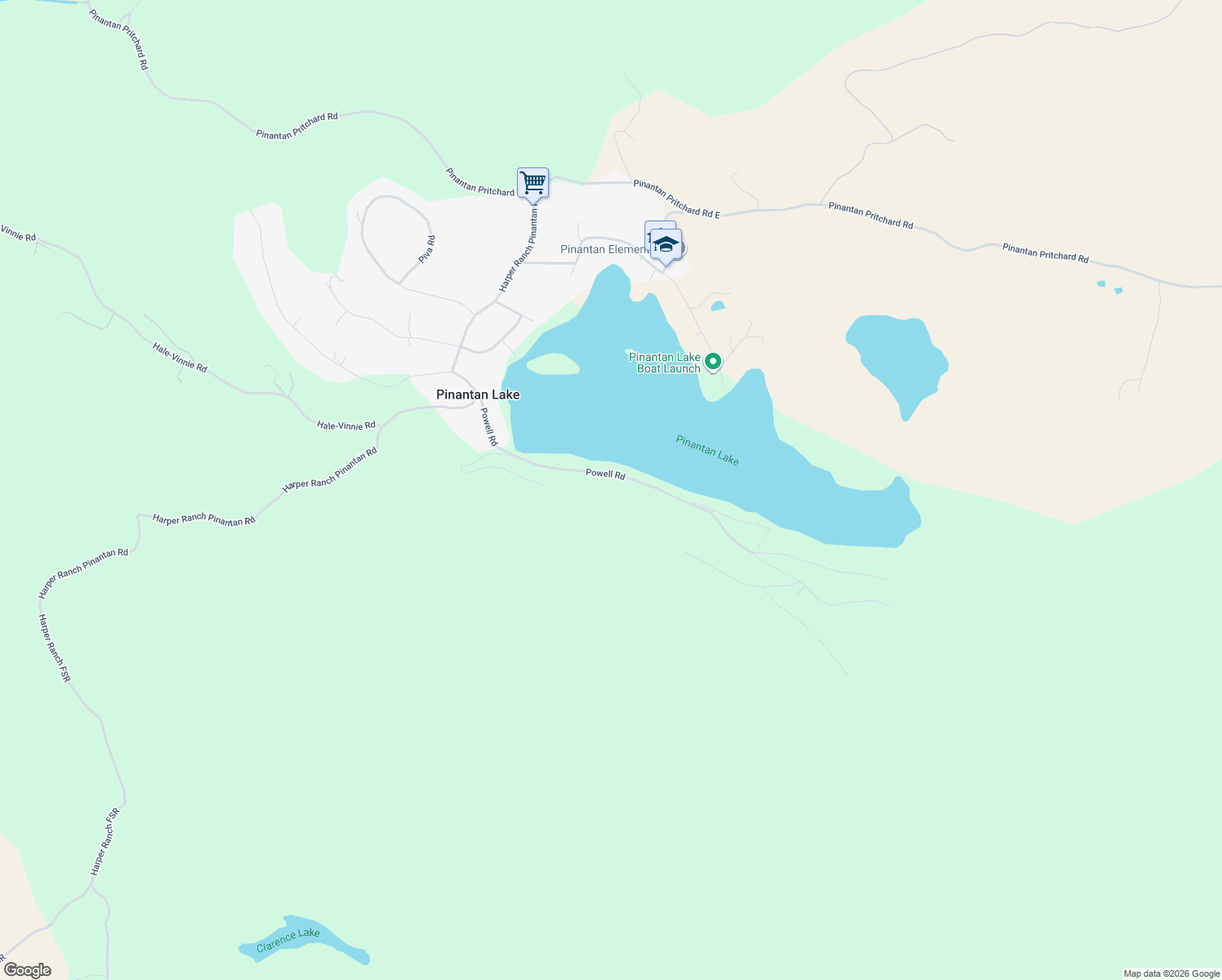 map of restaurants, bars, coffee shops, grocery stores, and more near 3154 Powell Road in Pinantan Lake