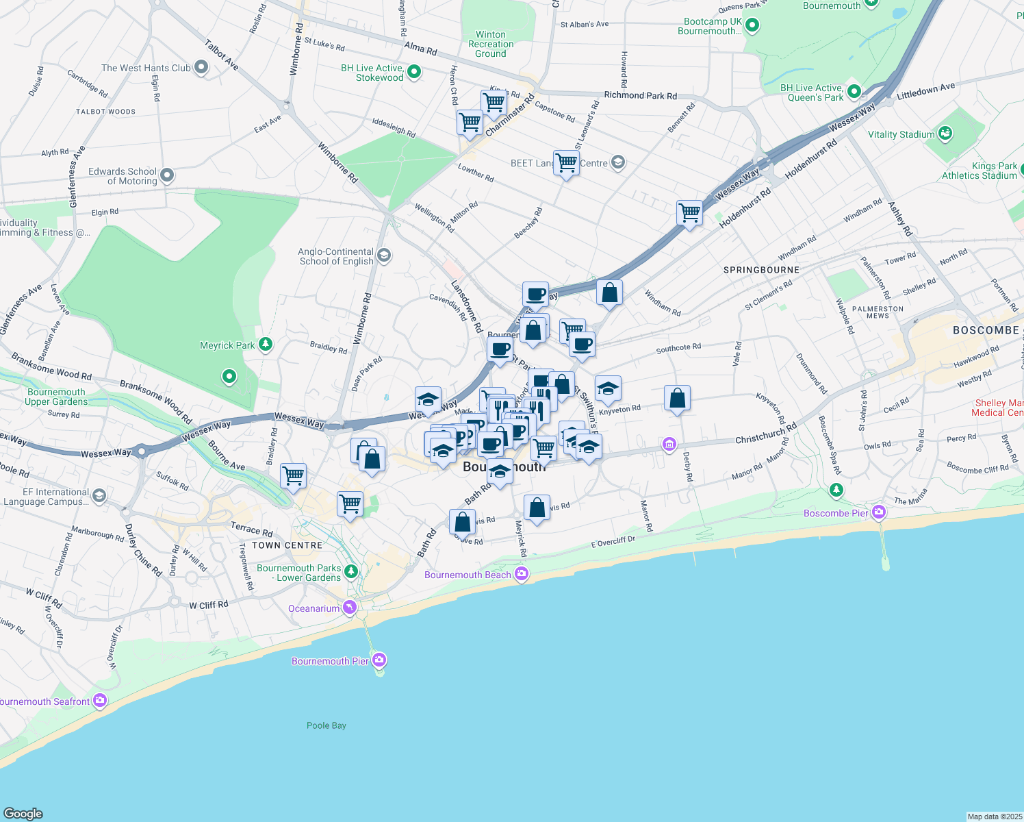 map of restaurants, bars, coffee shops, grocery stores, and more near Oxford Road in Dorset