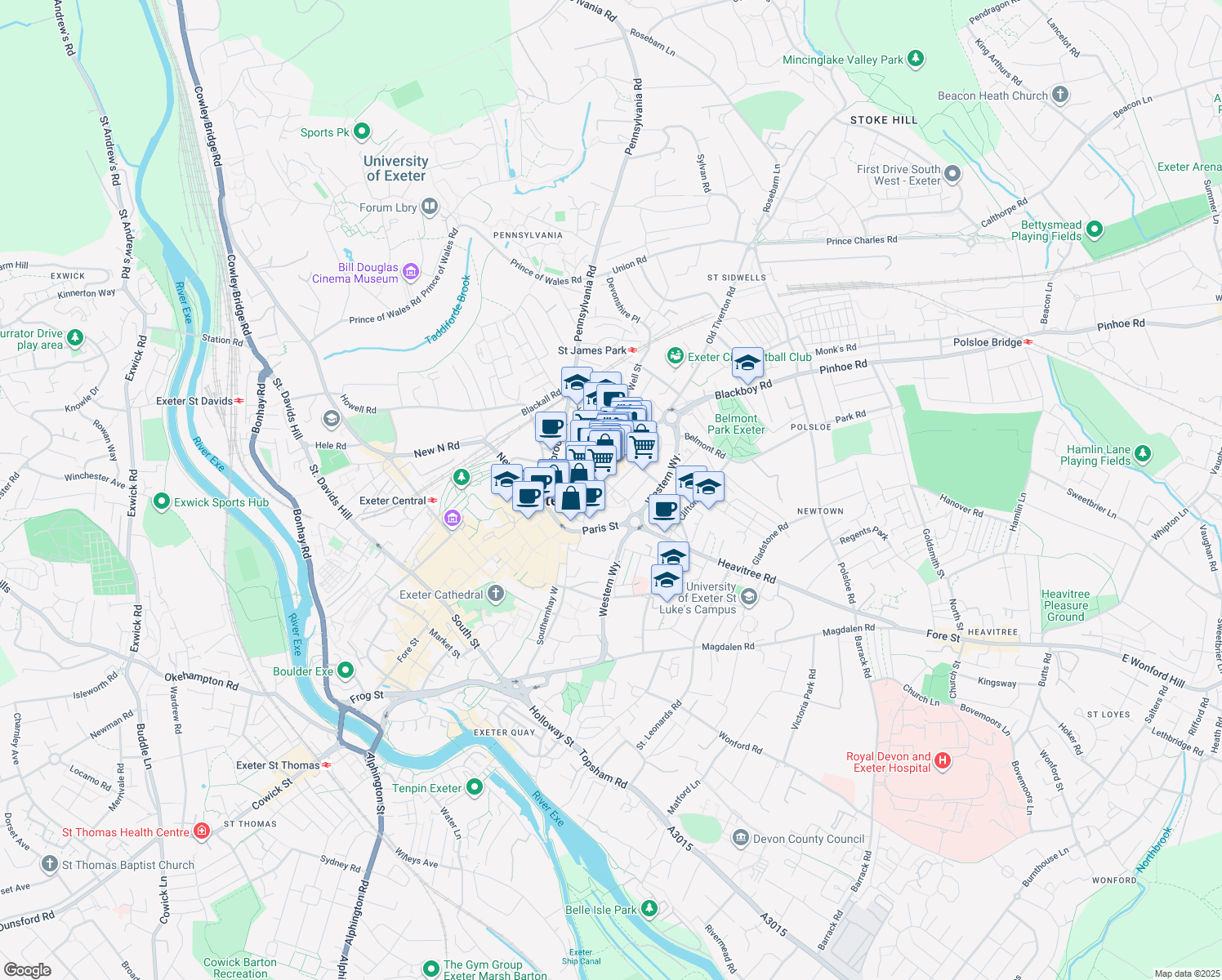 map of restaurants, bars, coffee shops, grocery stores, and more near Bampfylde Street in Devon