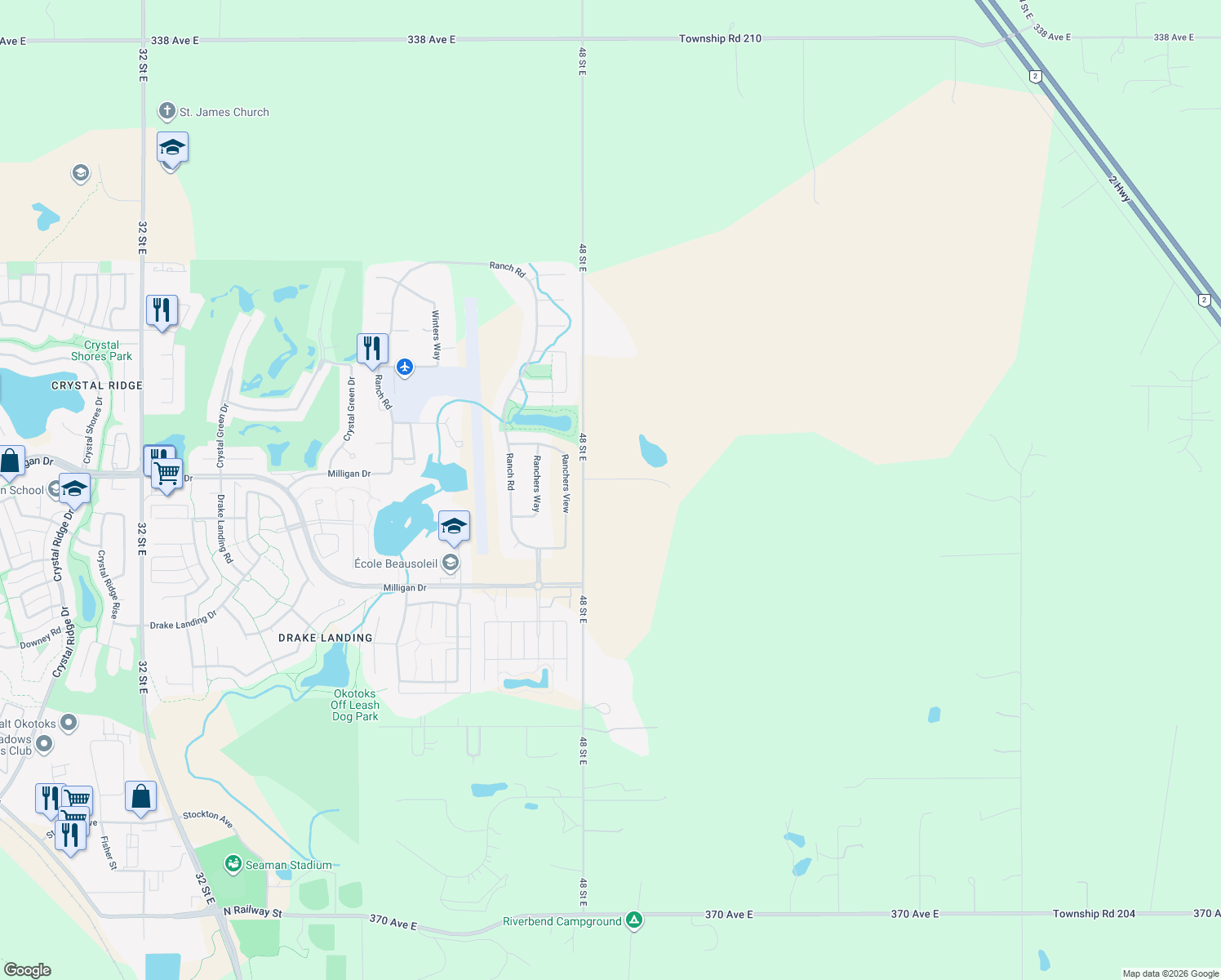 map of restaurants, bars, coffee shops, grocery stores, and more near 354002 48 Street East in Okotoks