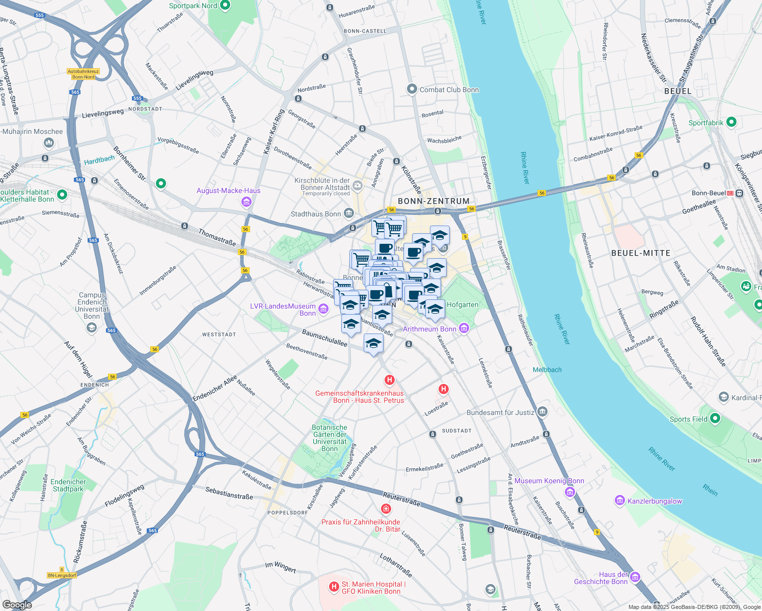 map of restaurants, bars, coffee shops, grocery stores, and more near 6 Am Hauptbahnhof in Bonn
