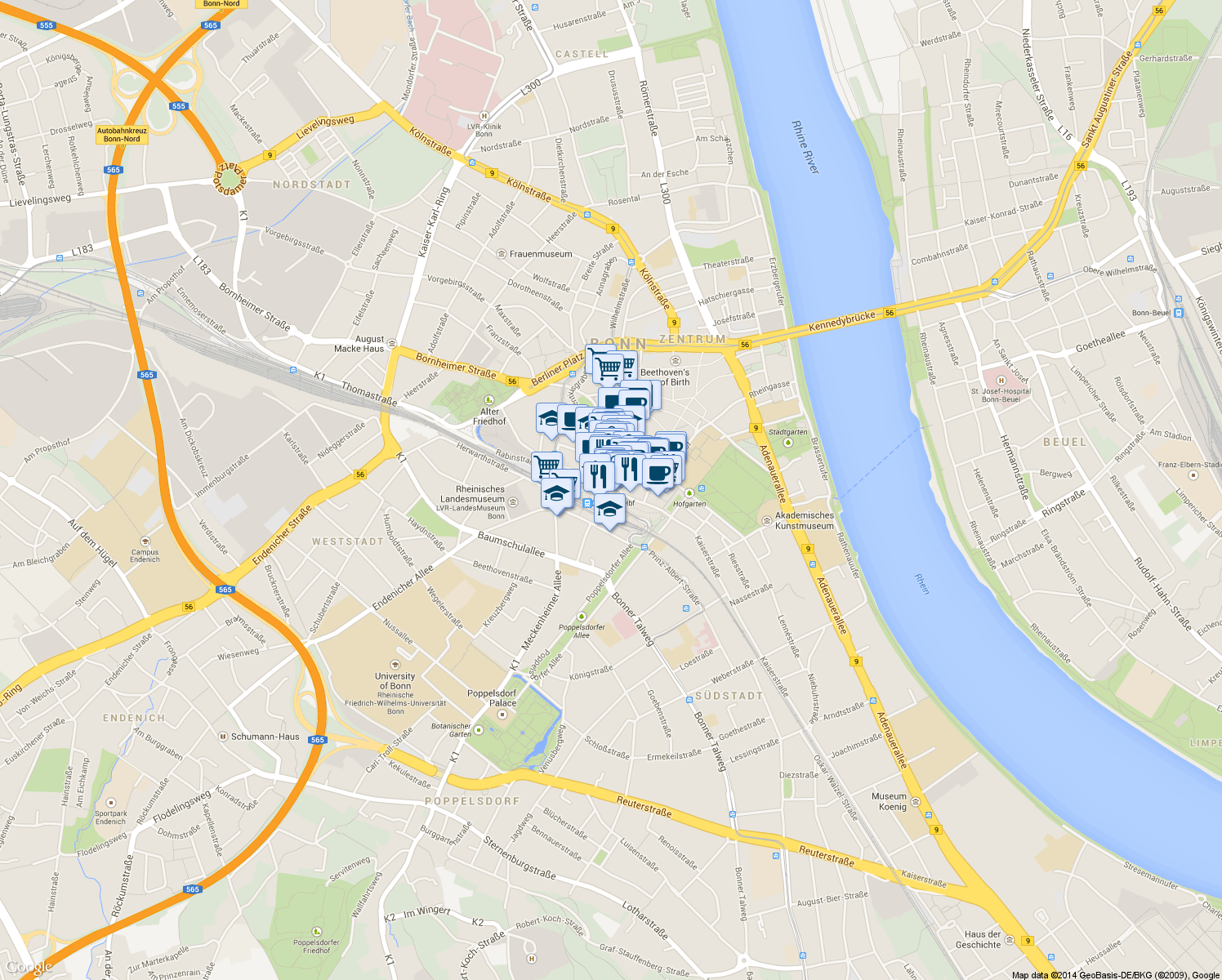 map of restaurants, bars, coffee shops, grocery stores, and more near 6 Am Hauptbahnhof in Bonn