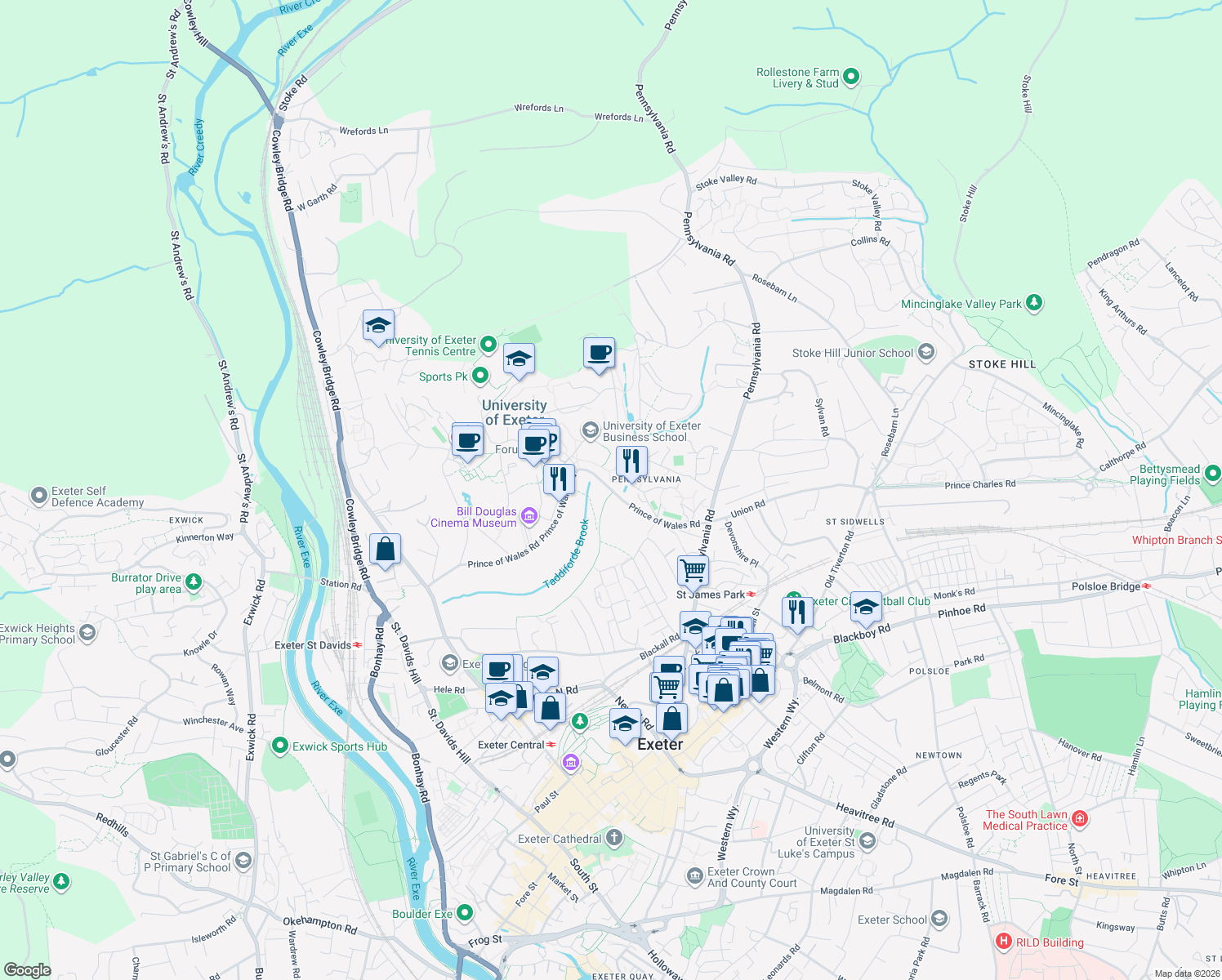 map of restaurants, bars, coffee shops, grocery stores, and more near Prince of Wales Road in Devon