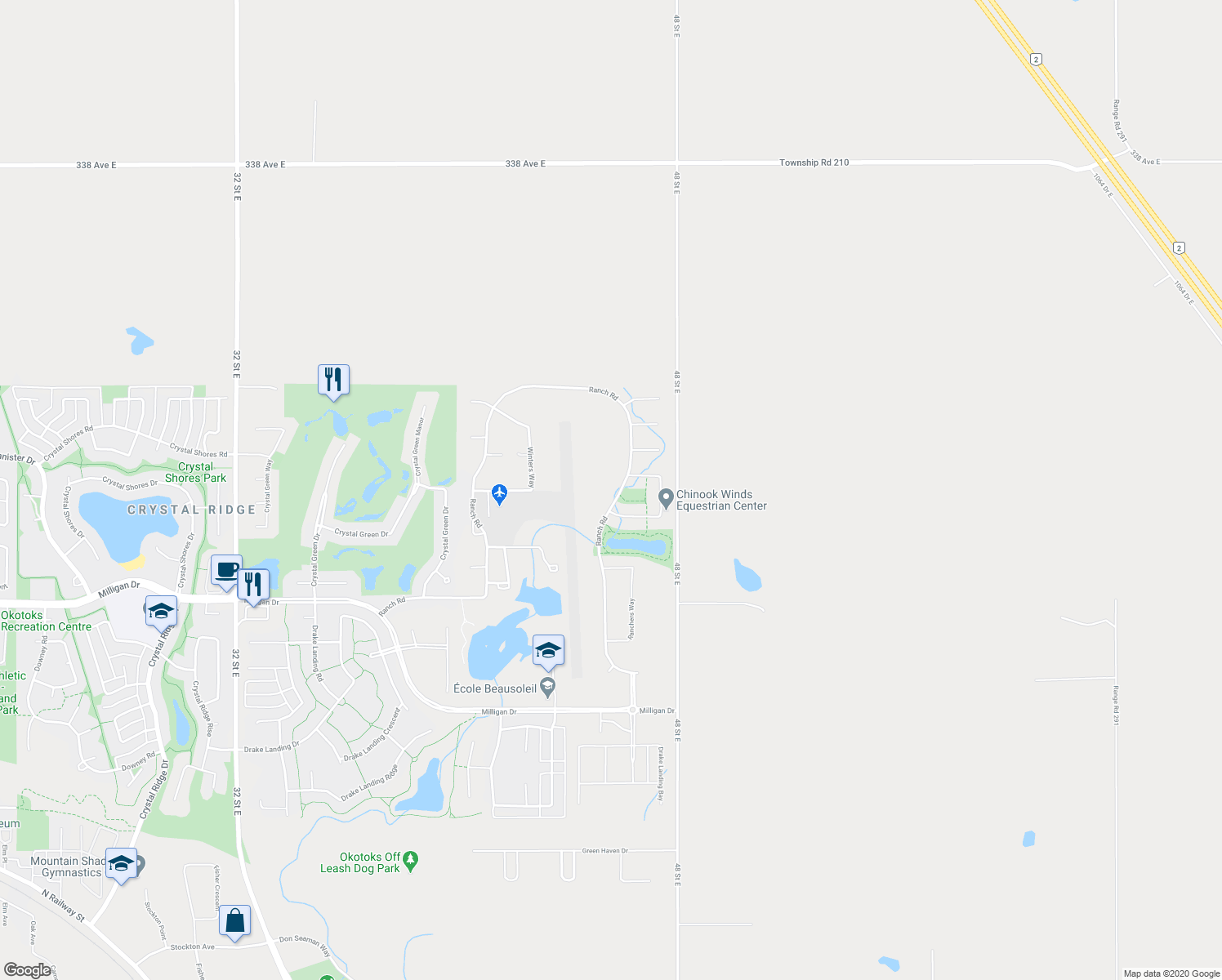 map of restaurants, bars, coffee shops, grocery stores, and more near 118 Ranch Road in Okotoks