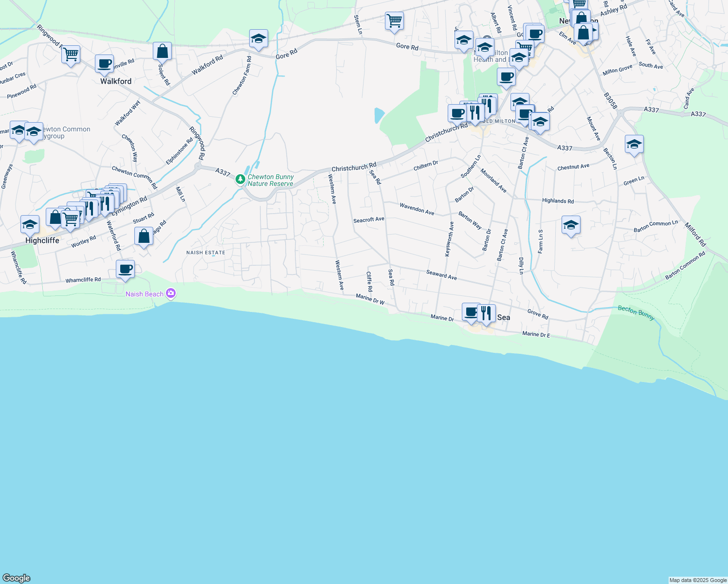 map of restaurants, bars, coffee shops, grocery stores, and more near in Barton on Sea
