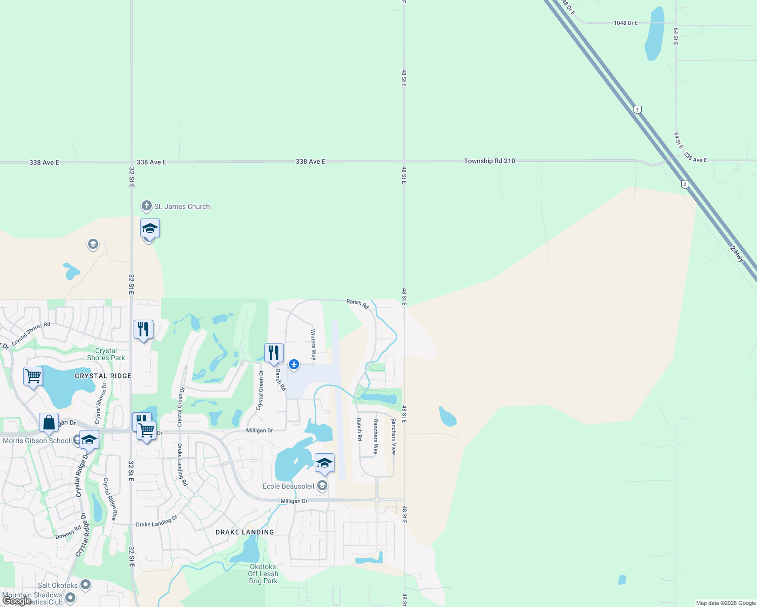 map of restaurants, bars, coffee shops, grocery stores, and more near 36 Ranchers Green in Okotoks