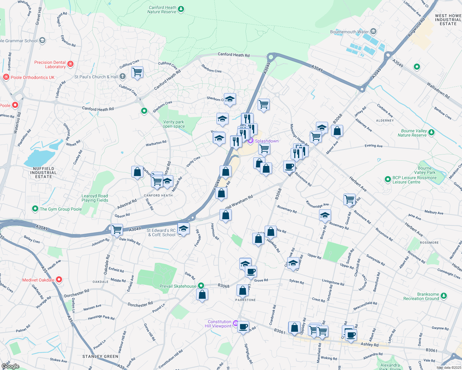 map of restaurants, bars, coffee shops, grocery stores, and more near in Poole