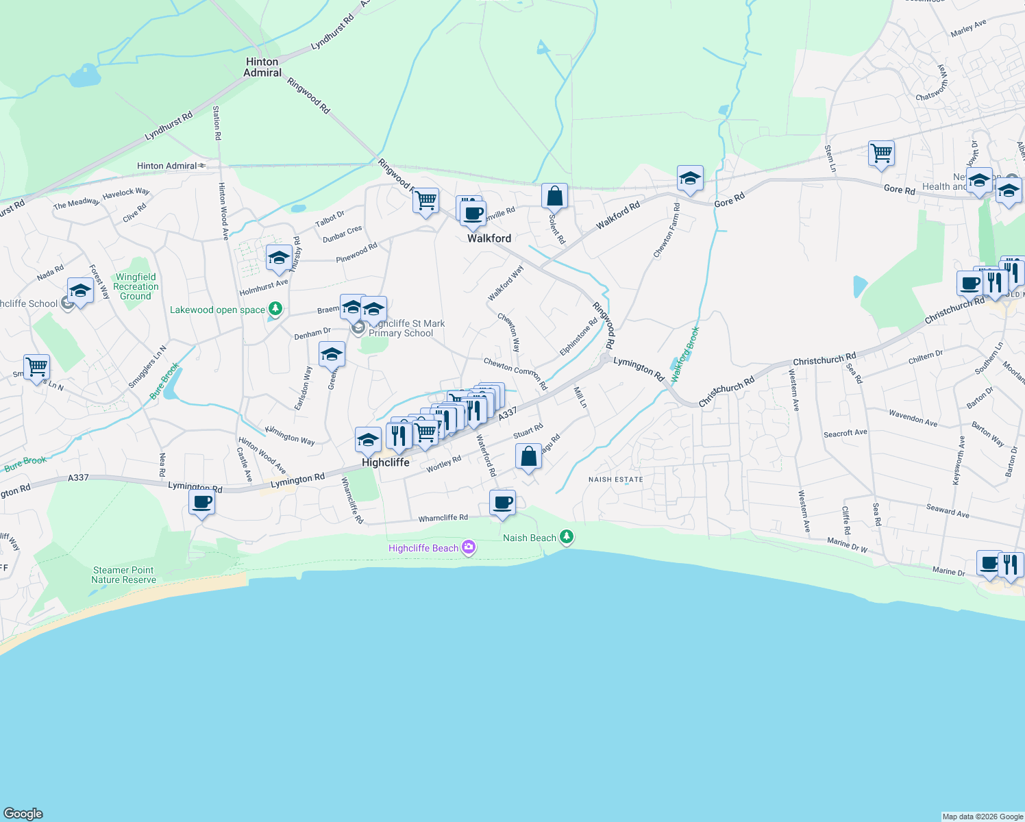 map of restaurants, bars, coffee shops, grocery stores, and more near Lymington Road in Highcliffe