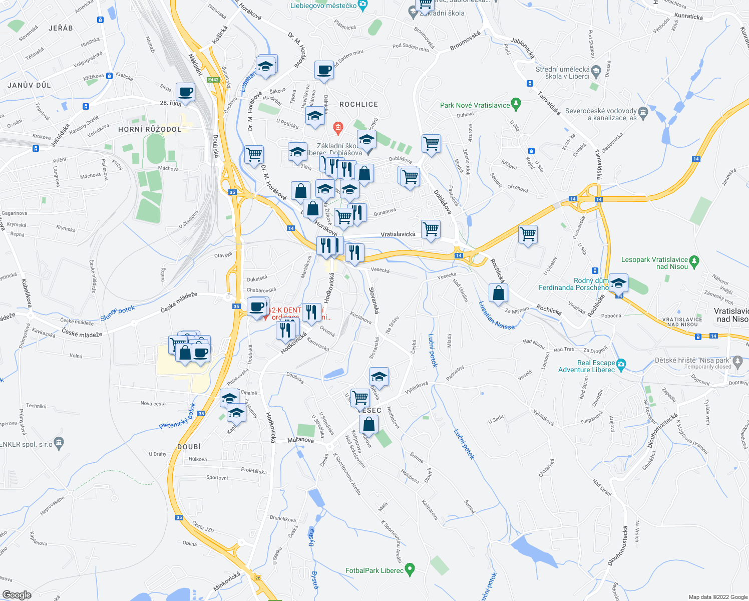 map of restaurants, bars, coffee shops, grocery stores, and more near 687 Slovanská in Liberec