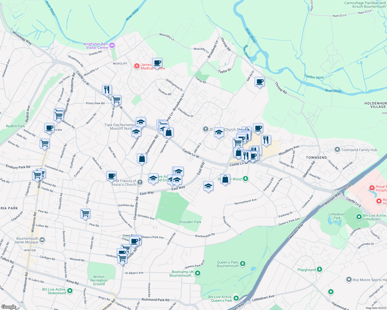 map of restaurants, bars, coffee shops, grocery stores, and more near Castle Lane West in Dorset