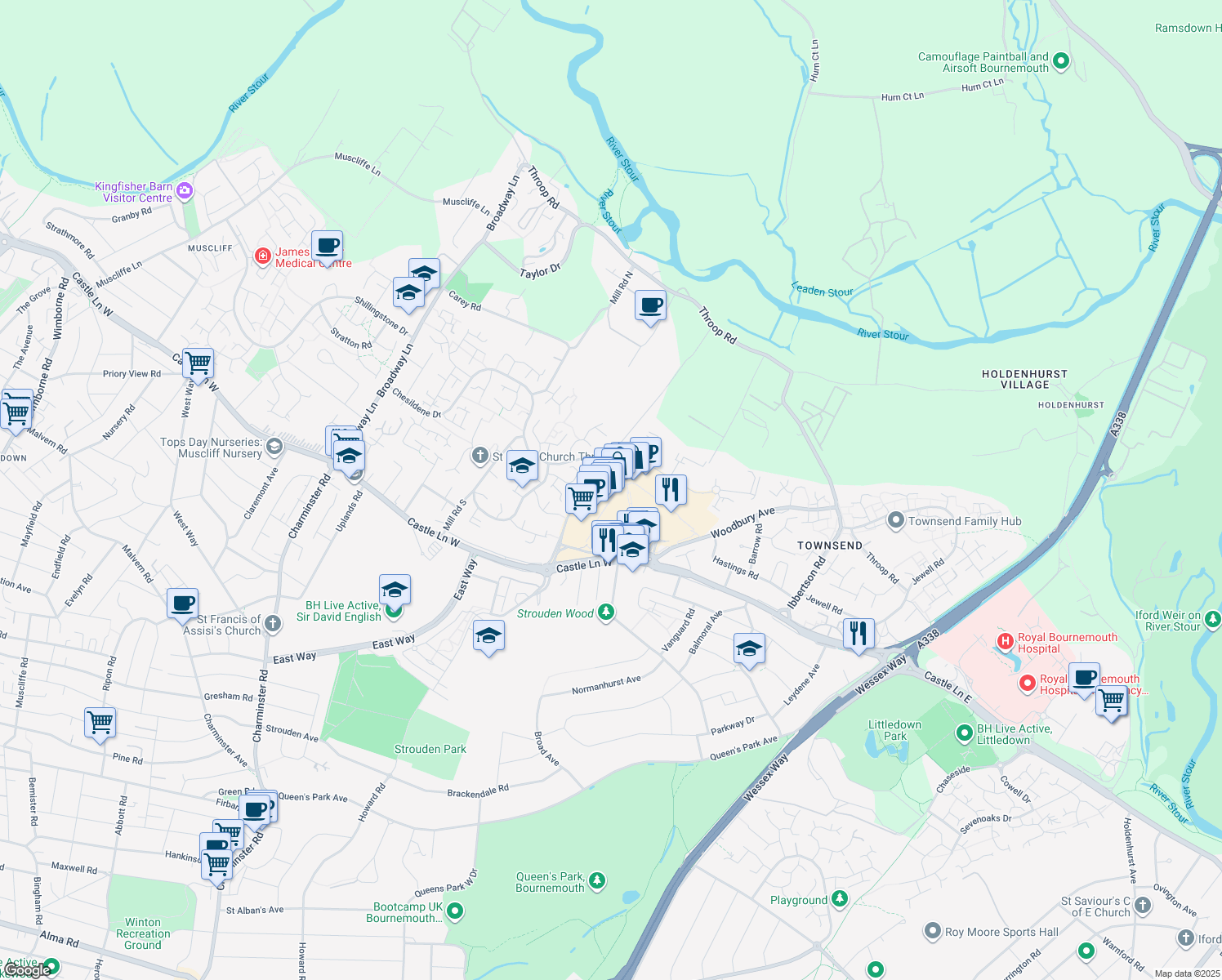 map of restaurants, bars, coffee shops, grocery stores, and more near Castle Lane West in Dorset