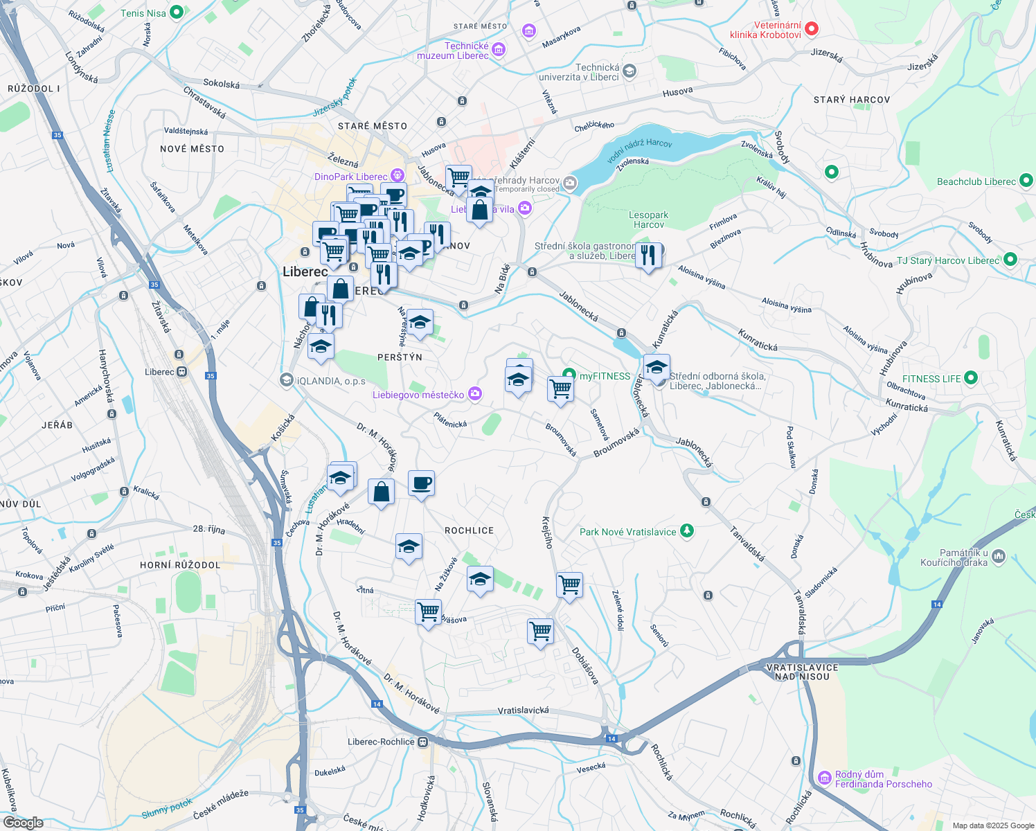 map of restaurants, bars, coffee shops, grocery stores, and more near 12 Broumovská in Liberec