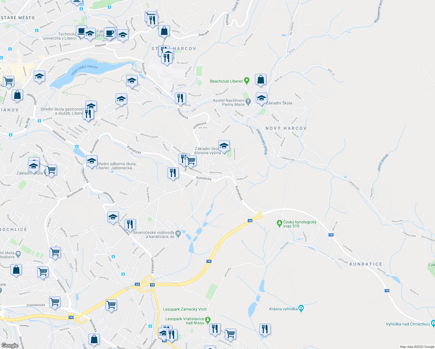map of restaurants, bars, coffee shops, grocery stores, and more near 27 Olbrachtova in Liberec