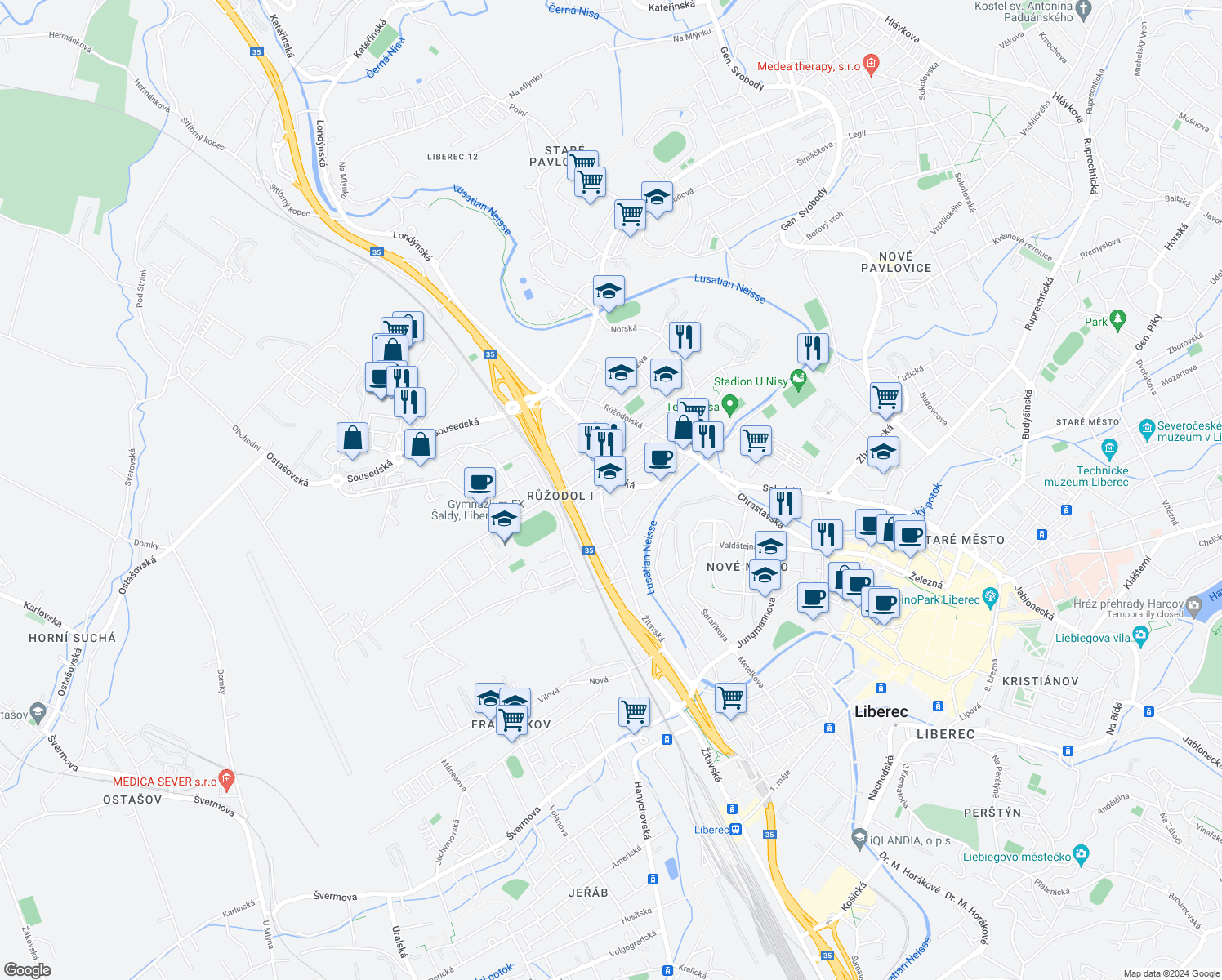 map of restaurants, bars, coffee shops, grocery stores, and more near 2 Štursova in Liberec