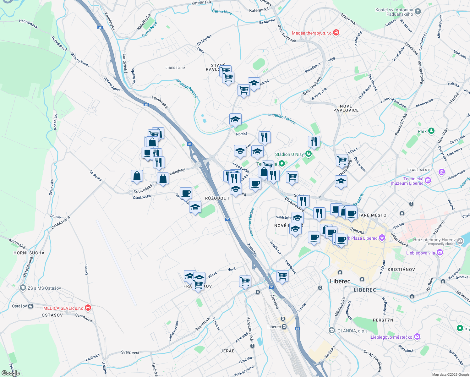 map of restaurants, bars, coffee shops, grocery stores, and more near in Liberec