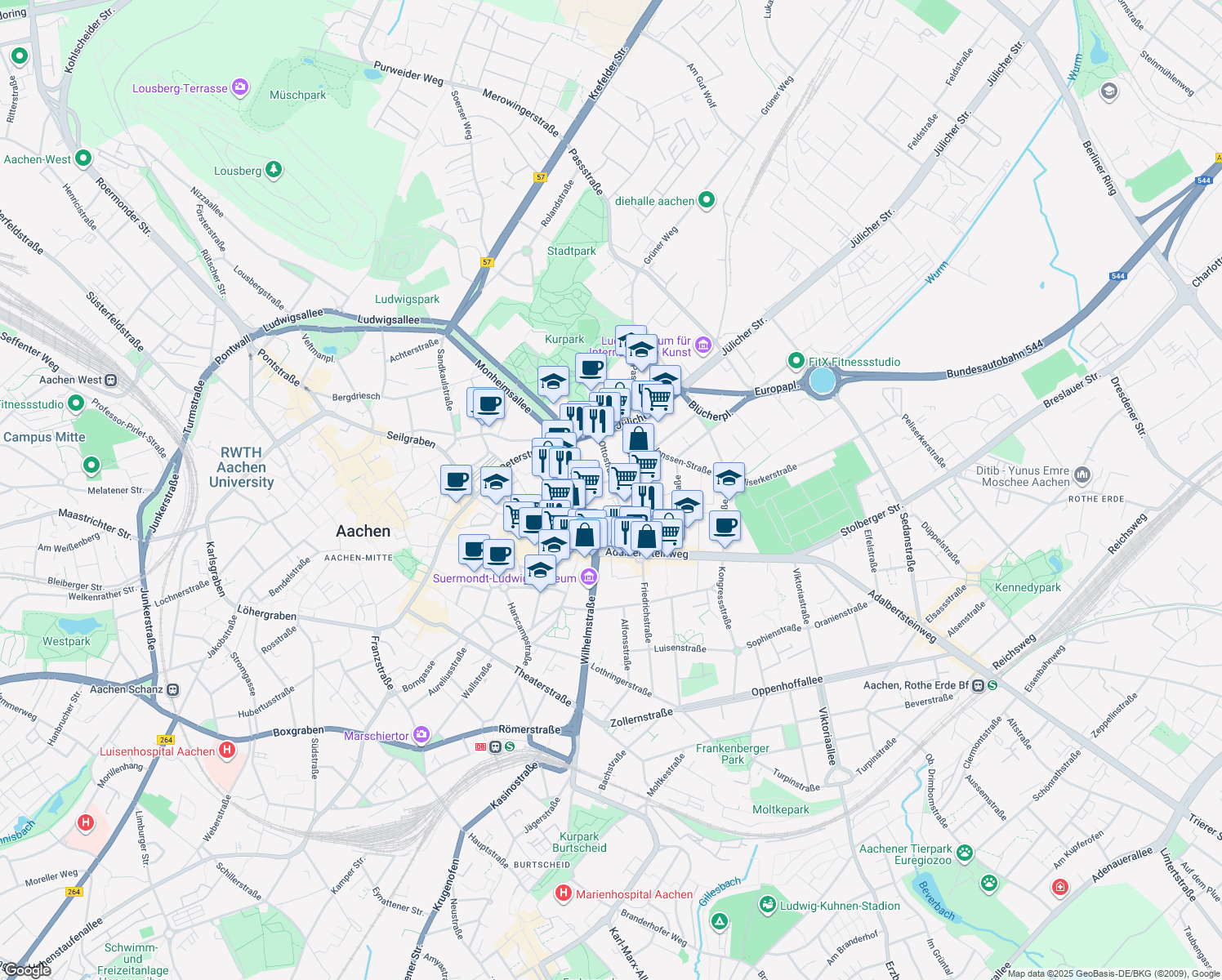 map of restaurants, bars, coffee shops, grocery stores, and more near 46 Ottostraße in Aachen