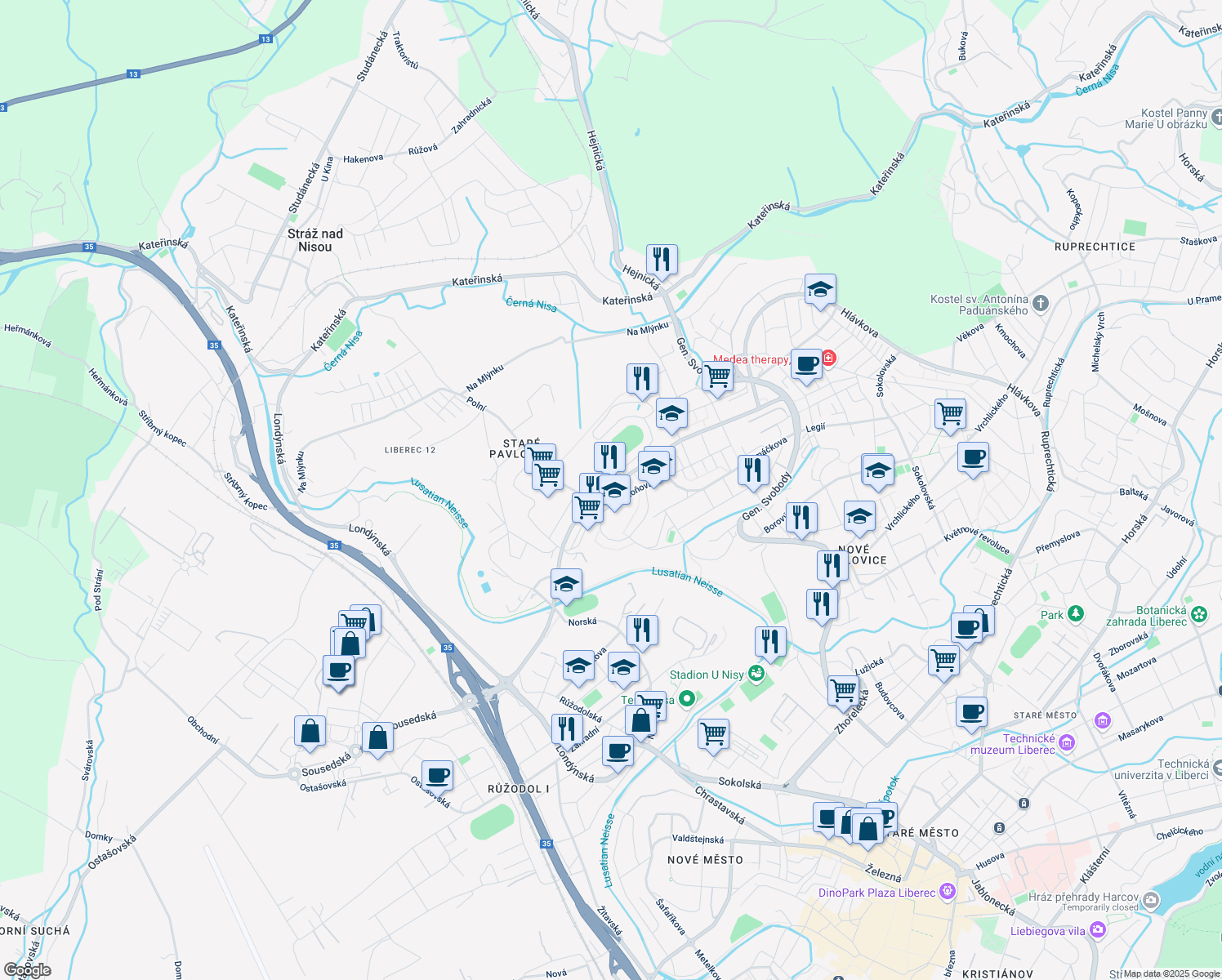 map of restaurants, bars, coffee shops, grocery stores, and more near in Liberec