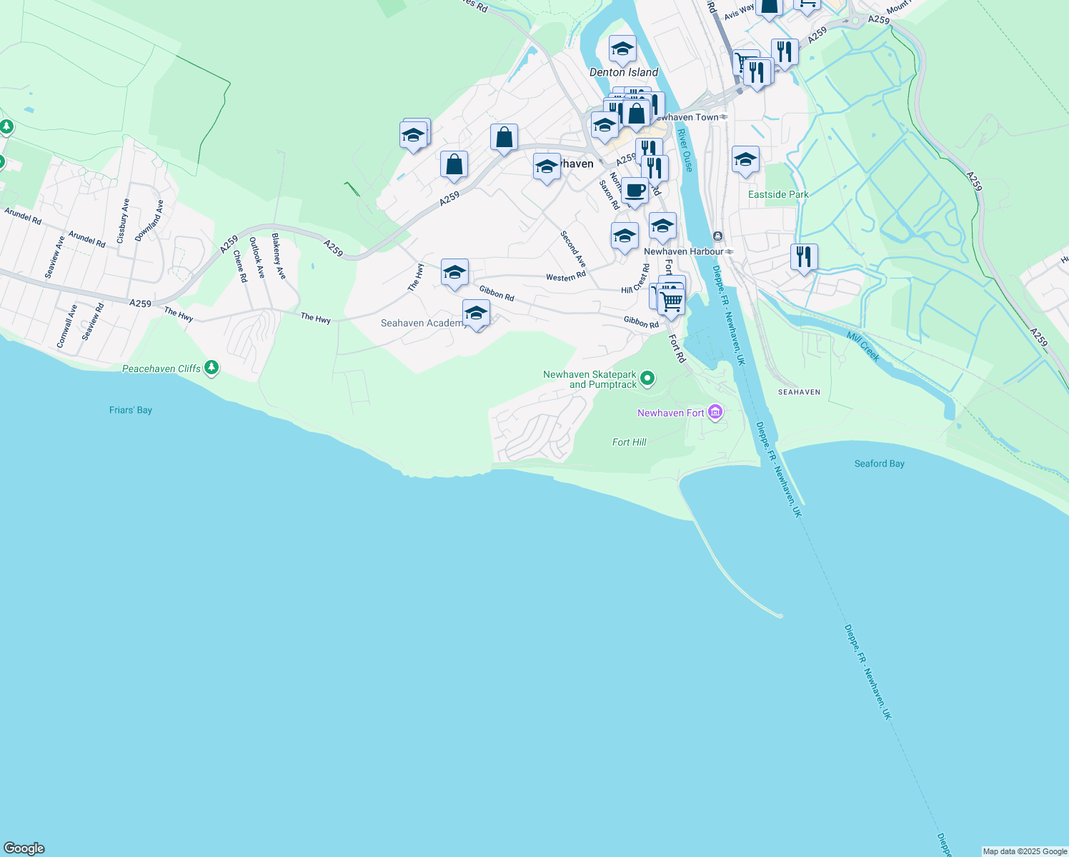 map of restaurants, bars, coffee shops, grocery stores, and more near Newhaven Heights in East Sussex