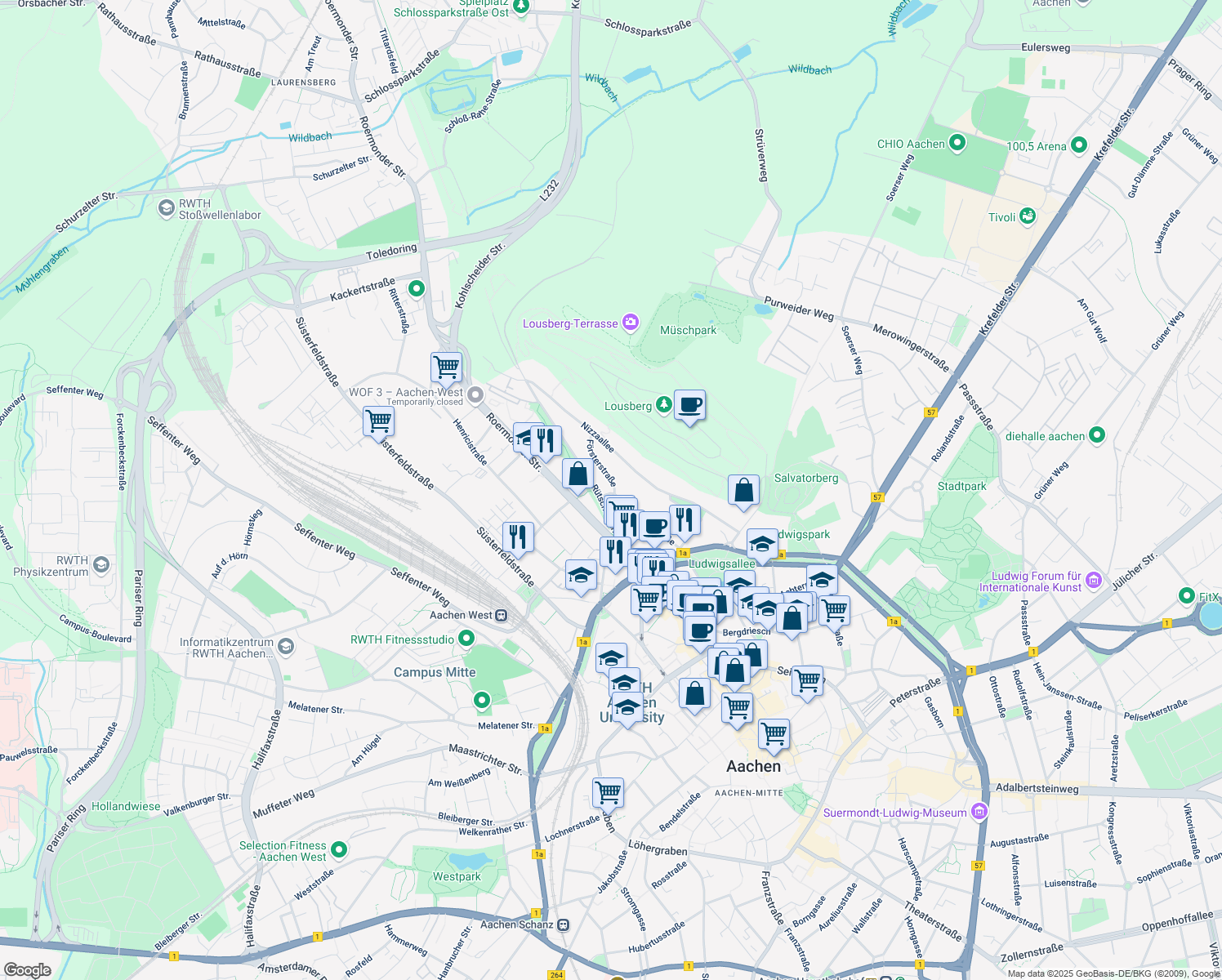 map of restaurants, bars, coffee shops, grocery stores, and more near 66 Lousbergstraße in Aachen