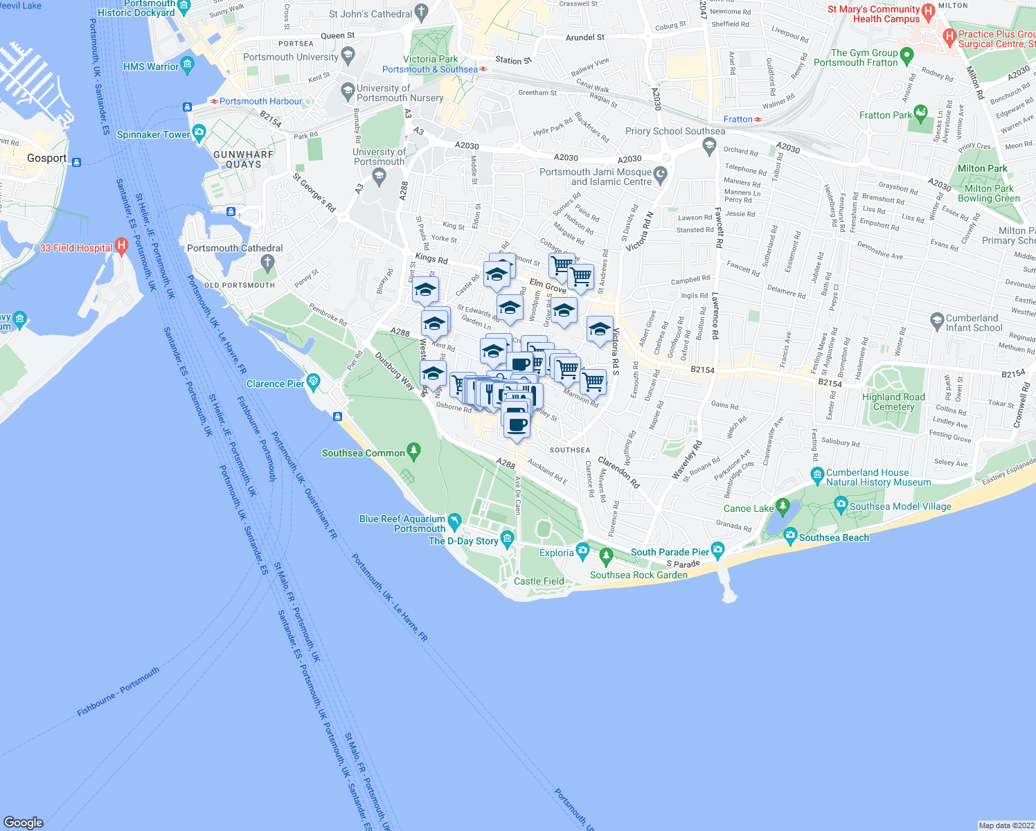 map of restaurants, bars, coffee shops, grocery stores, and more near Palmerston Road in Portsmouth