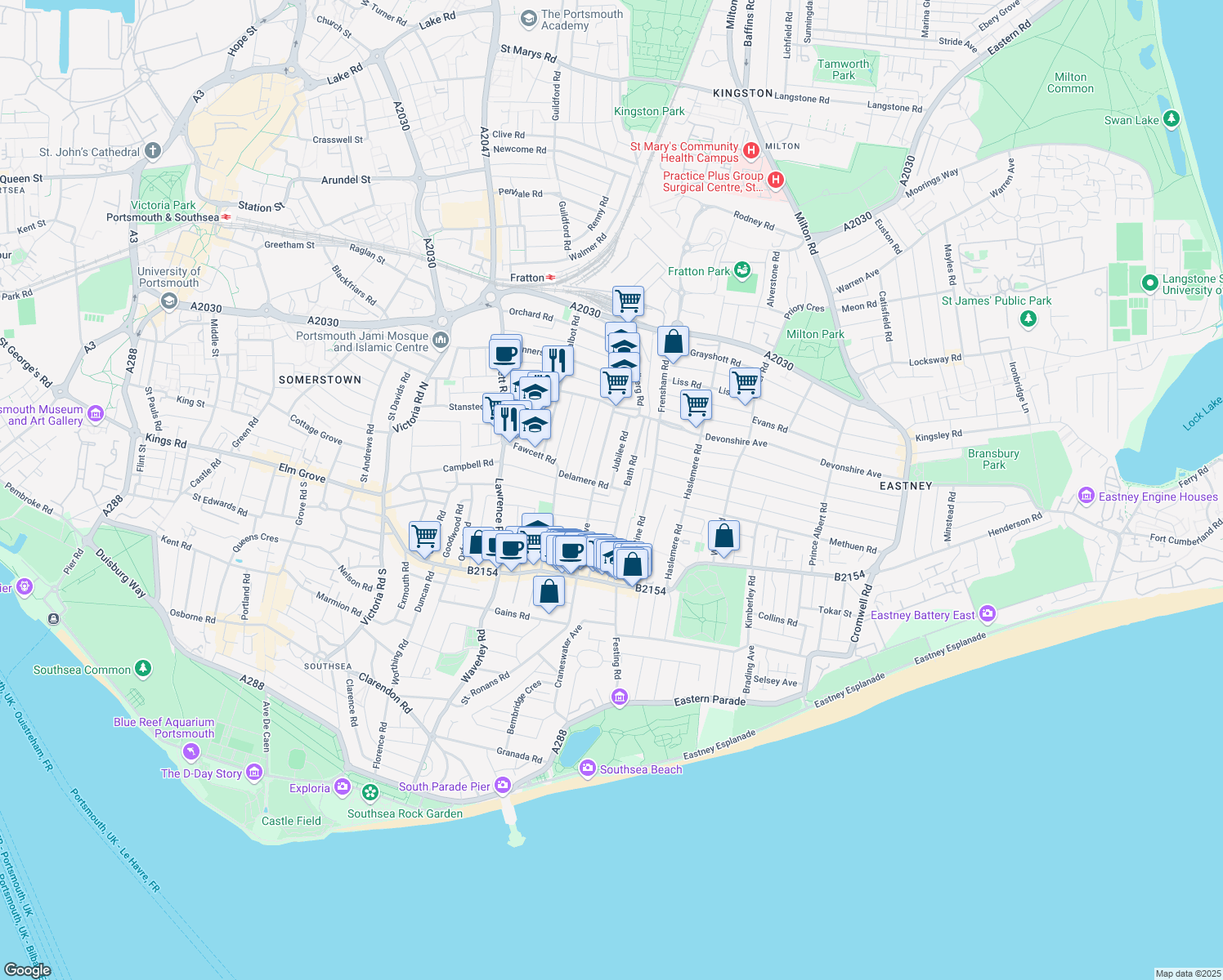 map of restaurants, bars, coffee shops, grocery stores, and more near 48 Delamere Road in Portsmouth