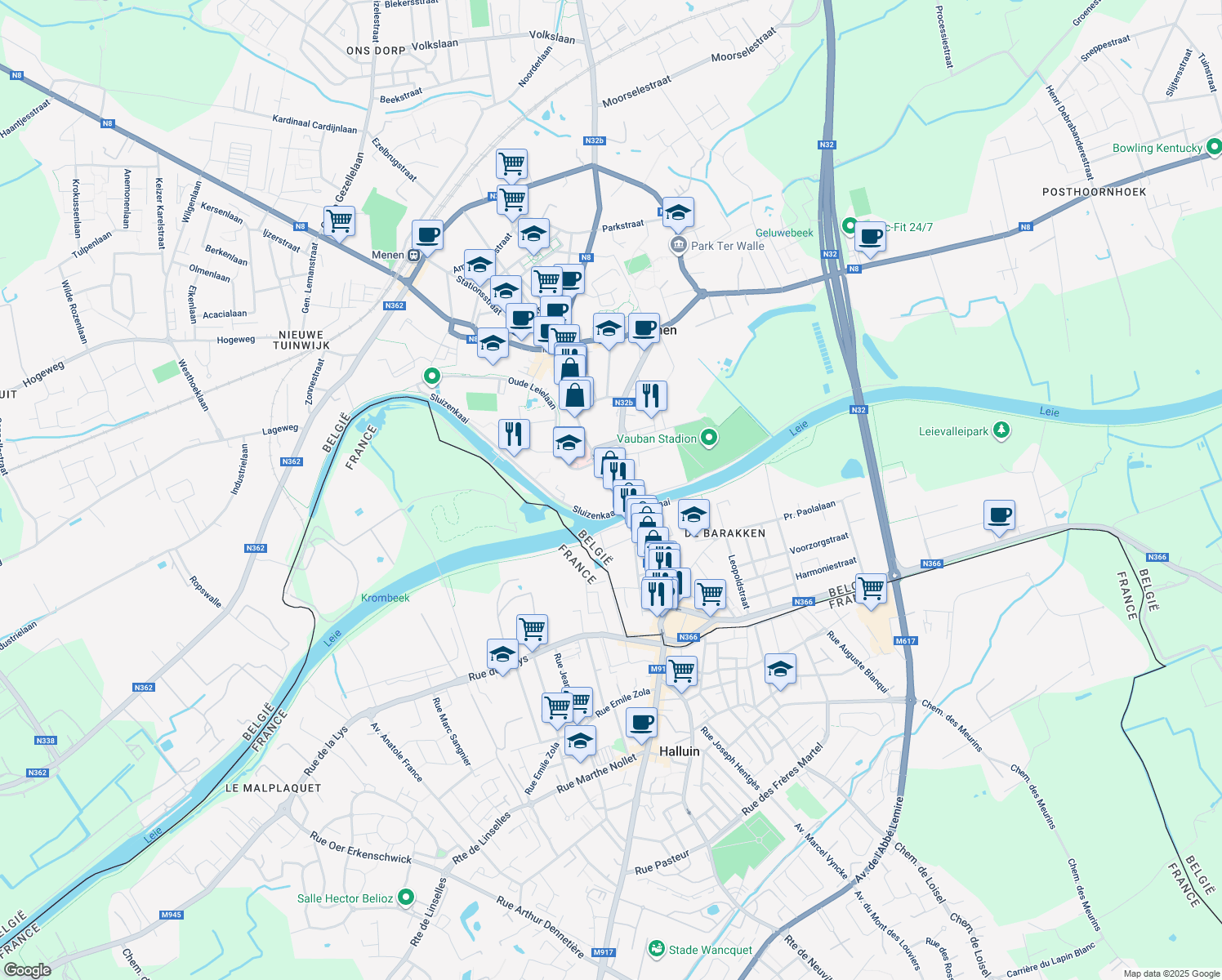 map of restaurants, bars, coffee shops, grocery stores, and more near 99 Rijselstraat in Menen
