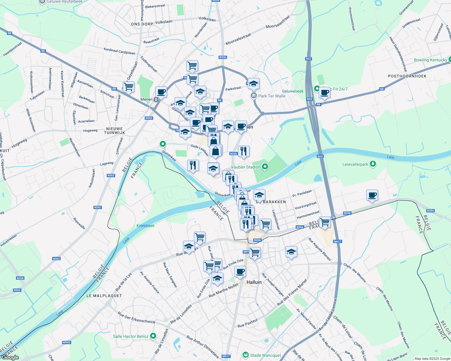 map of restaurants, bars, coffee shops, grocery stores, and more near 85 Rijselstraat in Menen