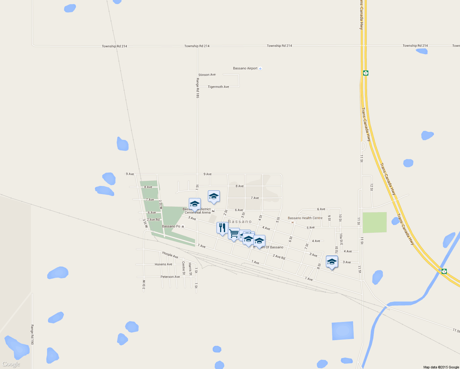 map of restaurants, bars, coffee shops, grocery stores, and more near 304 8 Avenue in Bassano