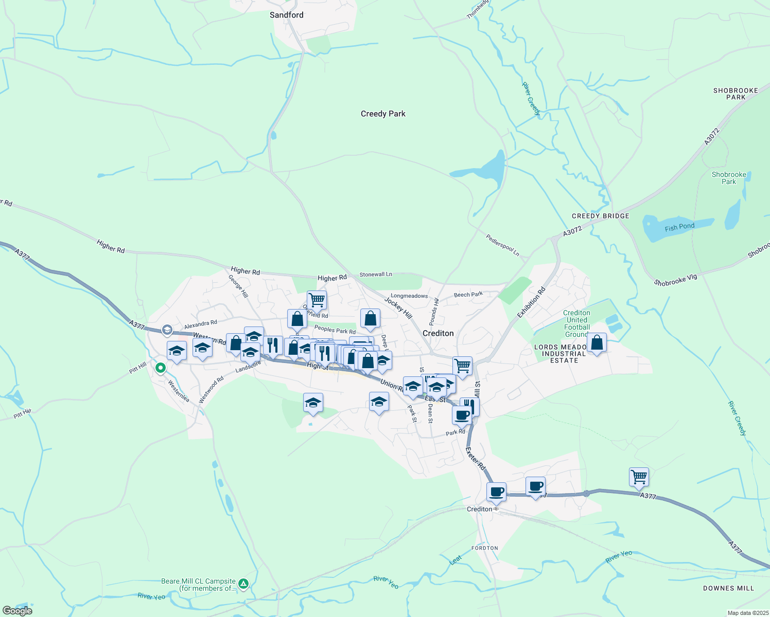 map of restaurants, bars, coffee shops, grocery stores, and more near Prince of Wales Road in Devon