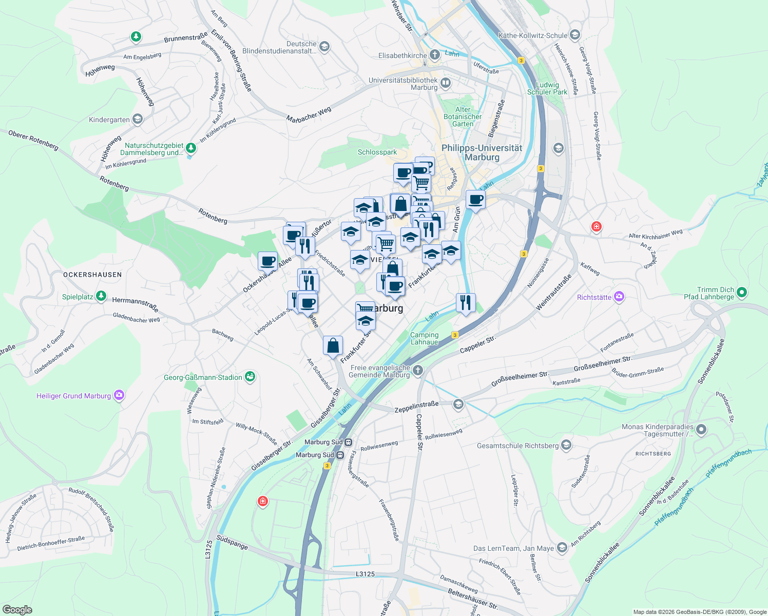 map of restaurants, bars, coffee shops, grocery stores, and more near in Marburg