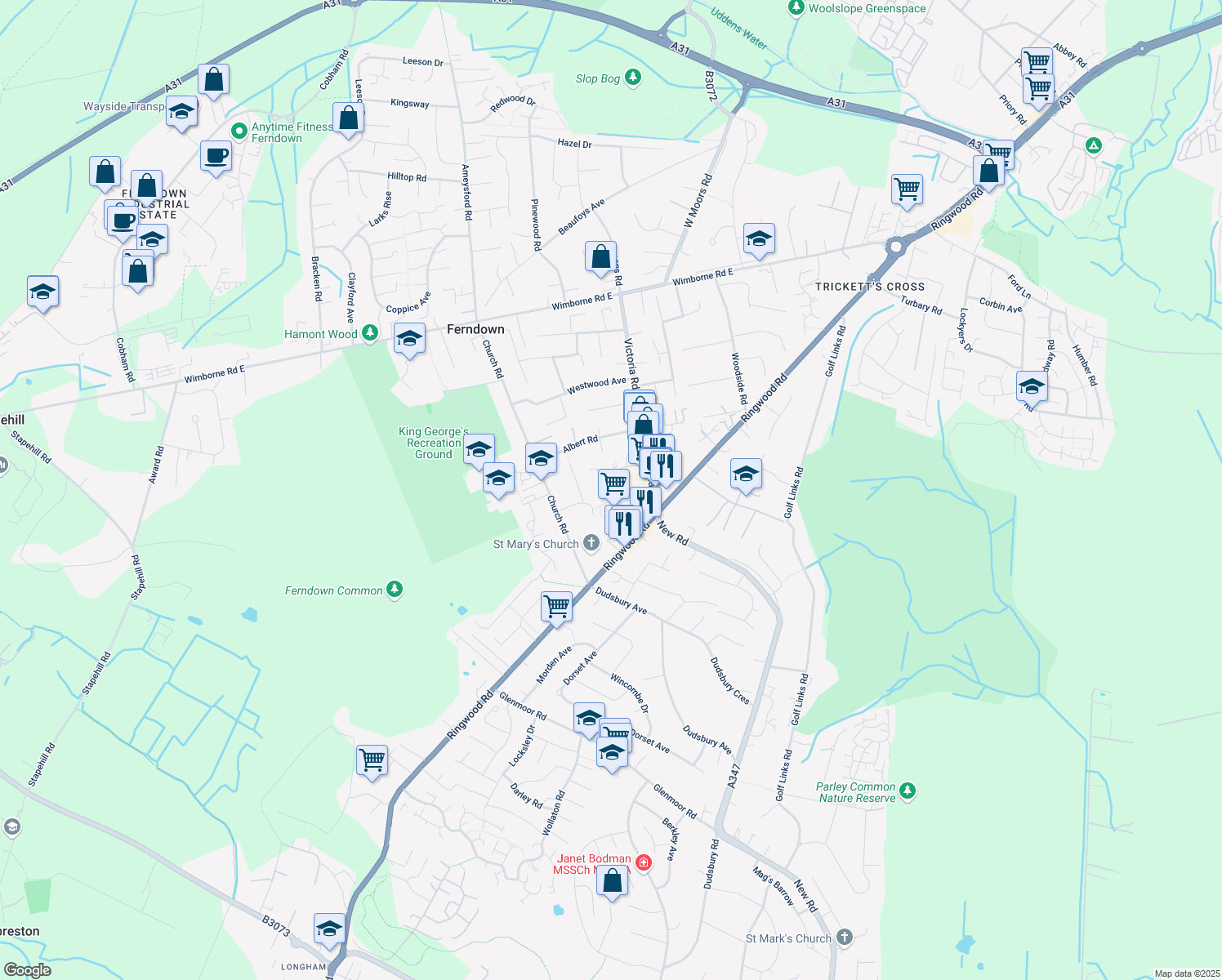 map of restaurants, bars, coffee shops, grocery stores, and more near Pennys Walk in Dorset