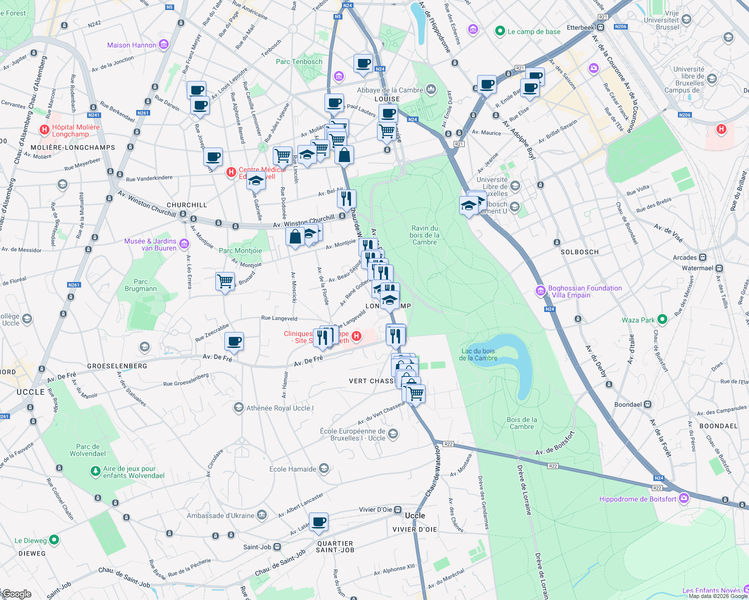 map of restaurants, bars, coffee shops, grocery stores, and more near 60 Rue du Framboisier in Uccle