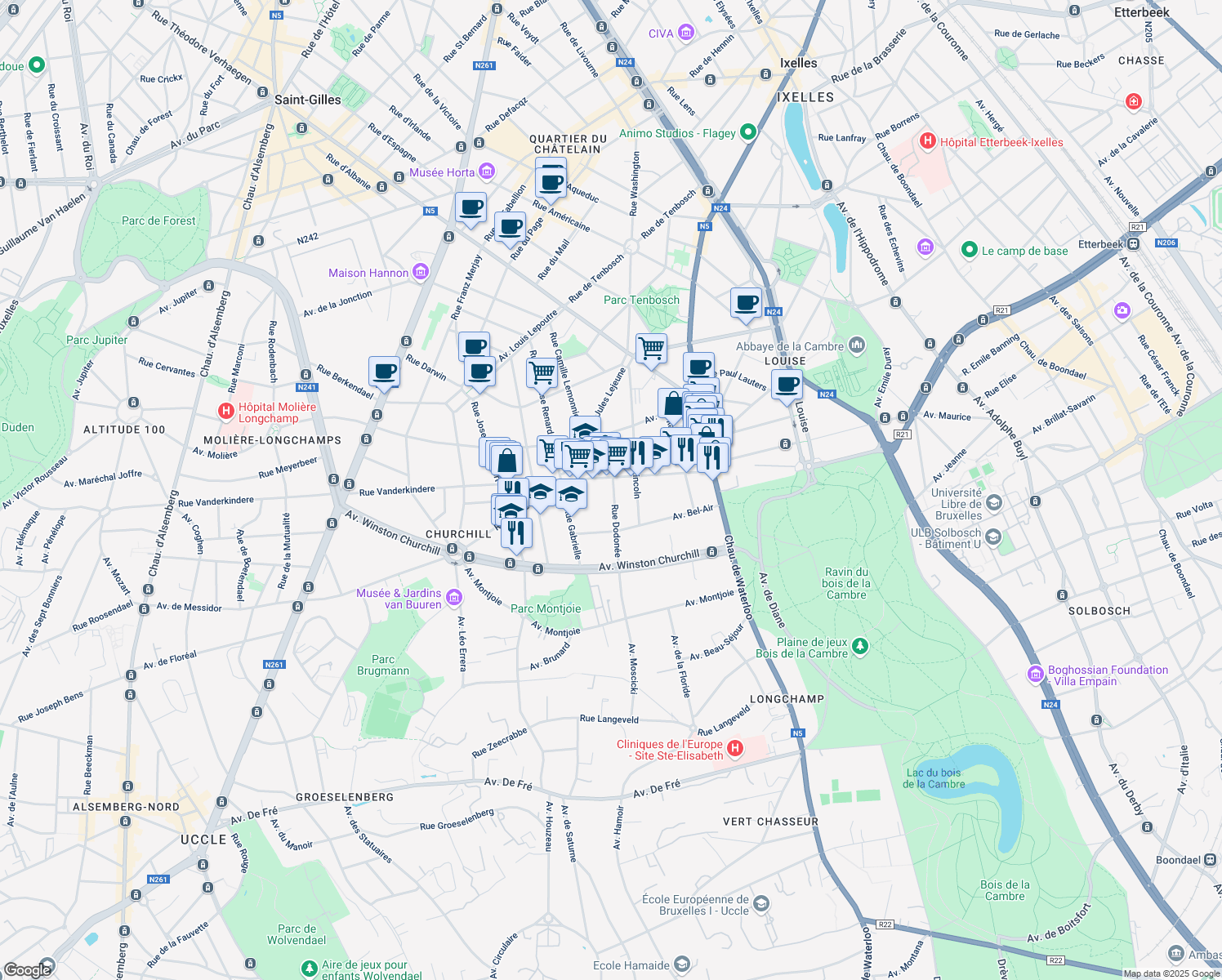 map of restaurants, bars, coffee shops, grocery stores, and more near 67 Rue Dodonée in Uccle