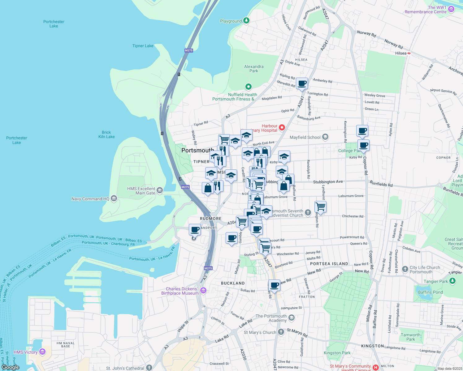 map of restaurants, bars, coffee shops, grocery stores, and more near in Portsmouth