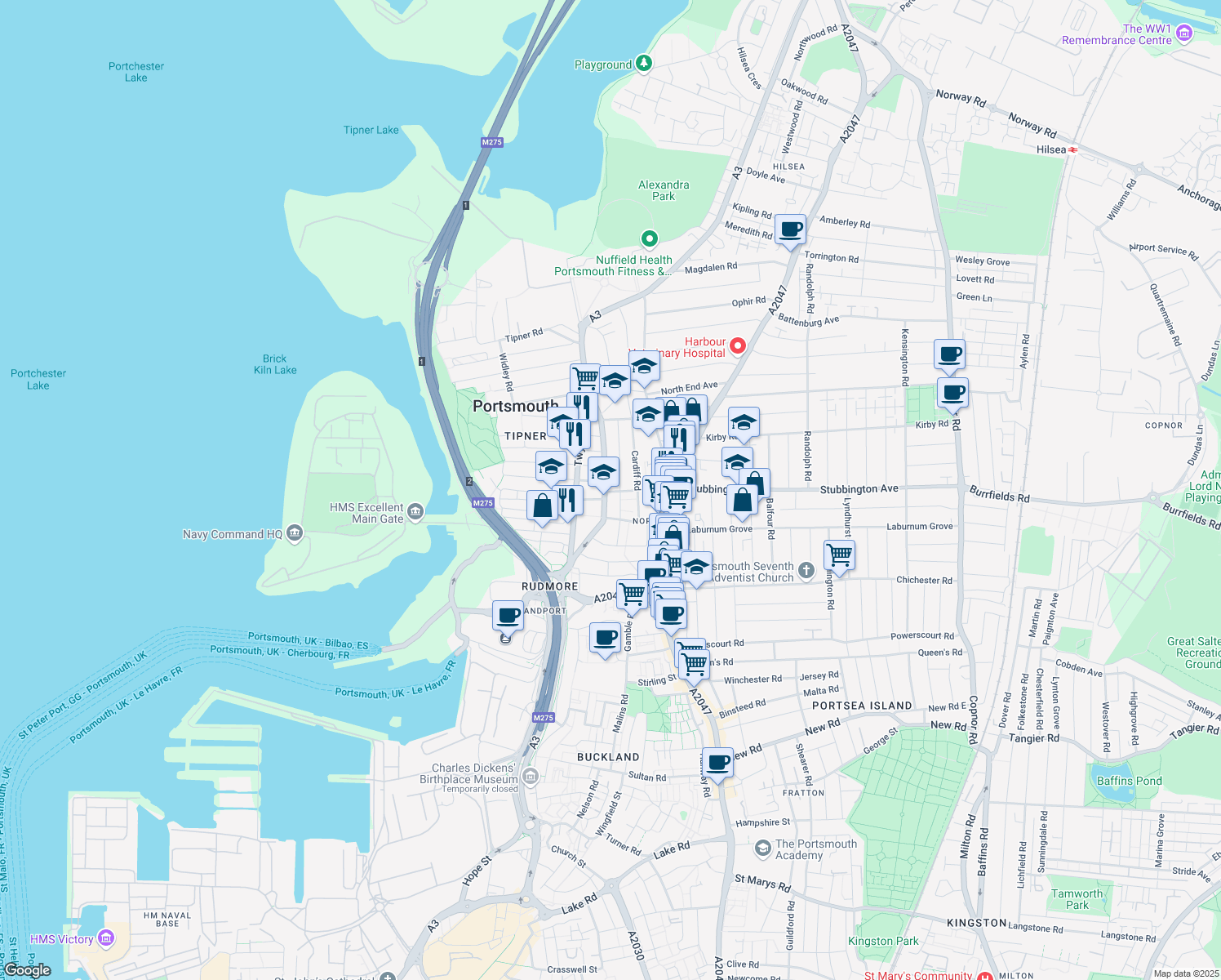 map of restaurants, bars, coffee shops, grocery stores, and more near 62 Angerstein Road in Portsmouth