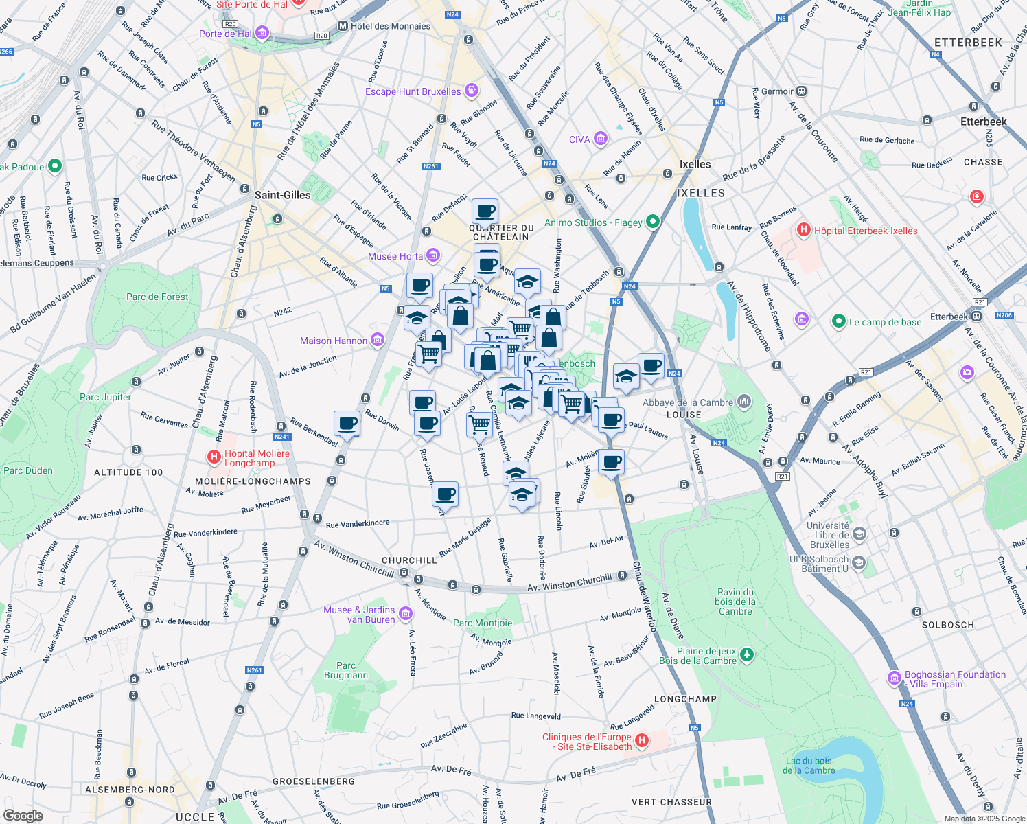 map of restaurants, bars, coffee shops, grocery stores, and more near 30 Rue Renier Chalon in Ixelles