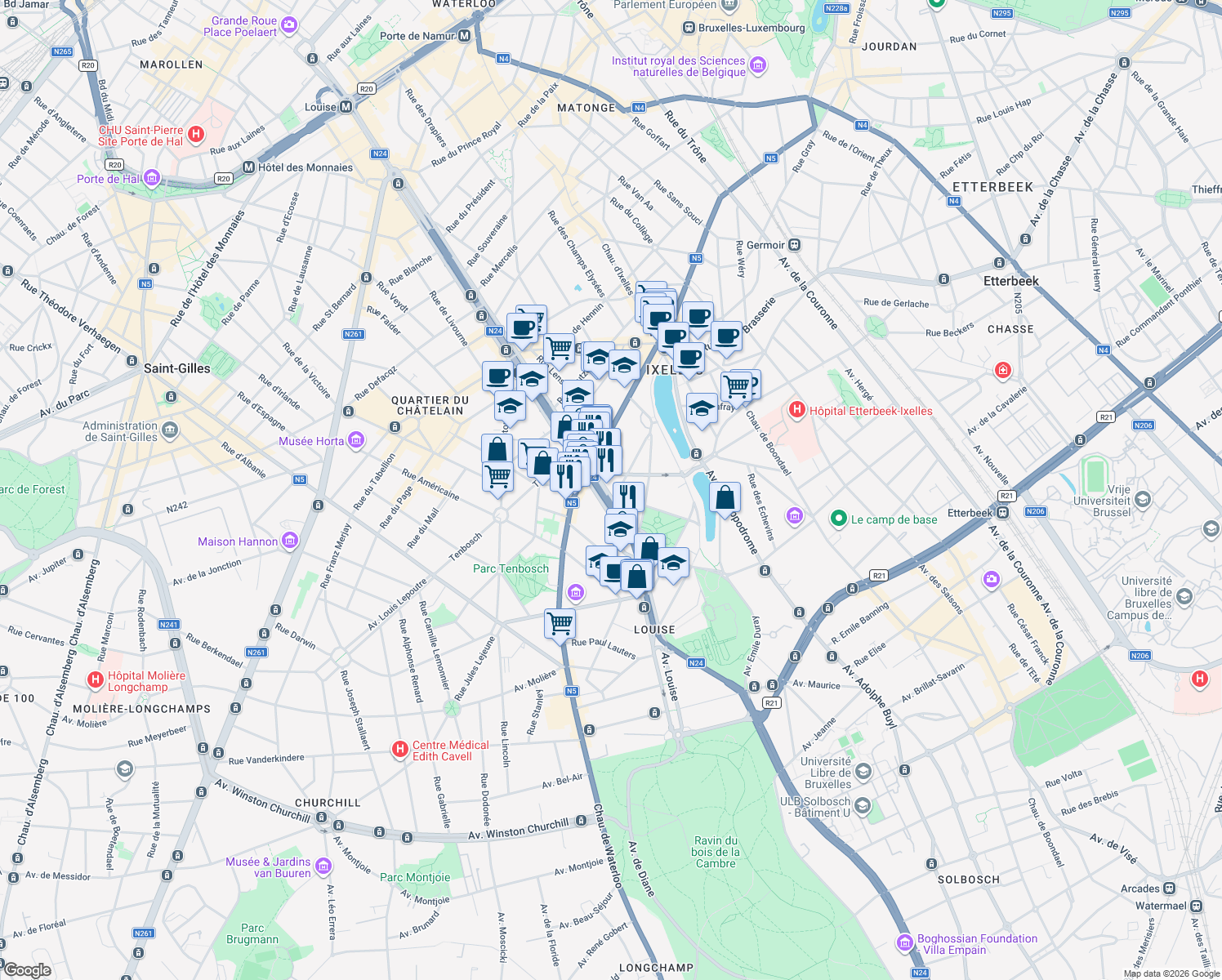 map of restaurants, bars, coffee shops, grocery stores, and more near 326 Avenue Louise in Bruxelles
