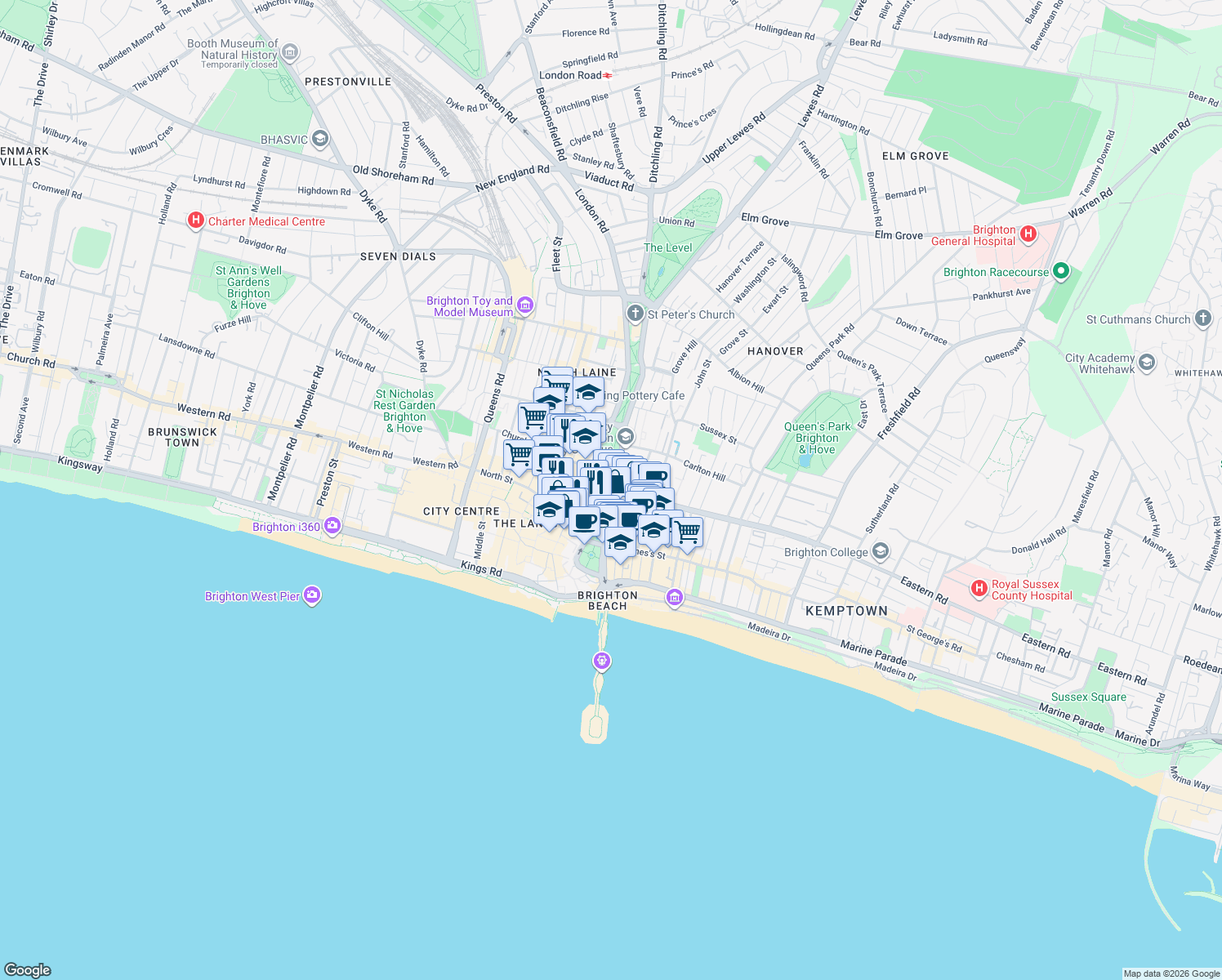 map of restaurants, bars, coffee shops, grocery stores, and more near in Brighton and Hove