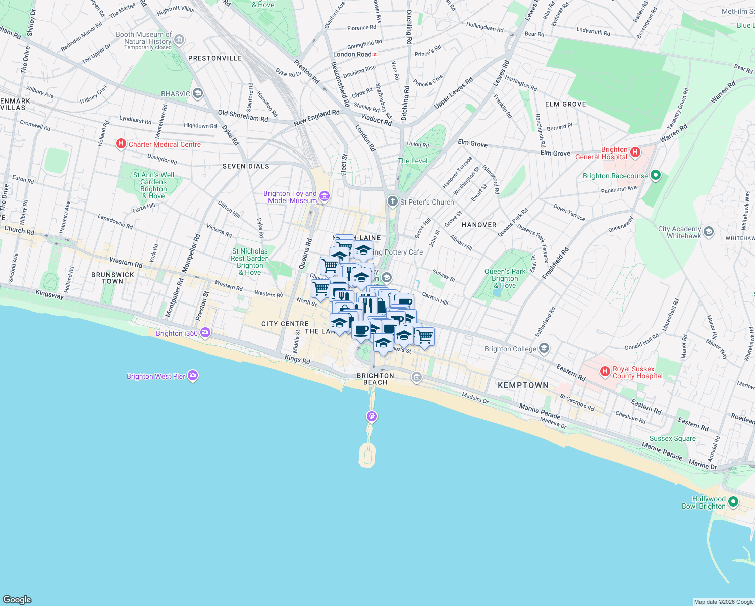 map of restaurants, bars, coffee shops, grocery stores, and more near in Brighton and Hove
