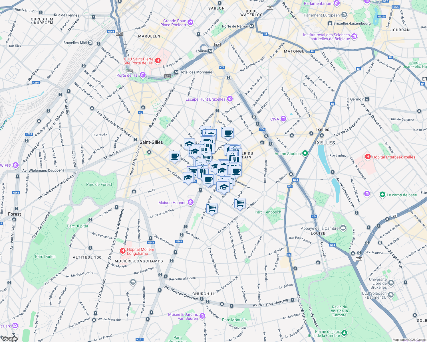 map of restaurants, bars, coffee shops, grocery stores, and more near 25 Rue Américaine in Saint-Gilles