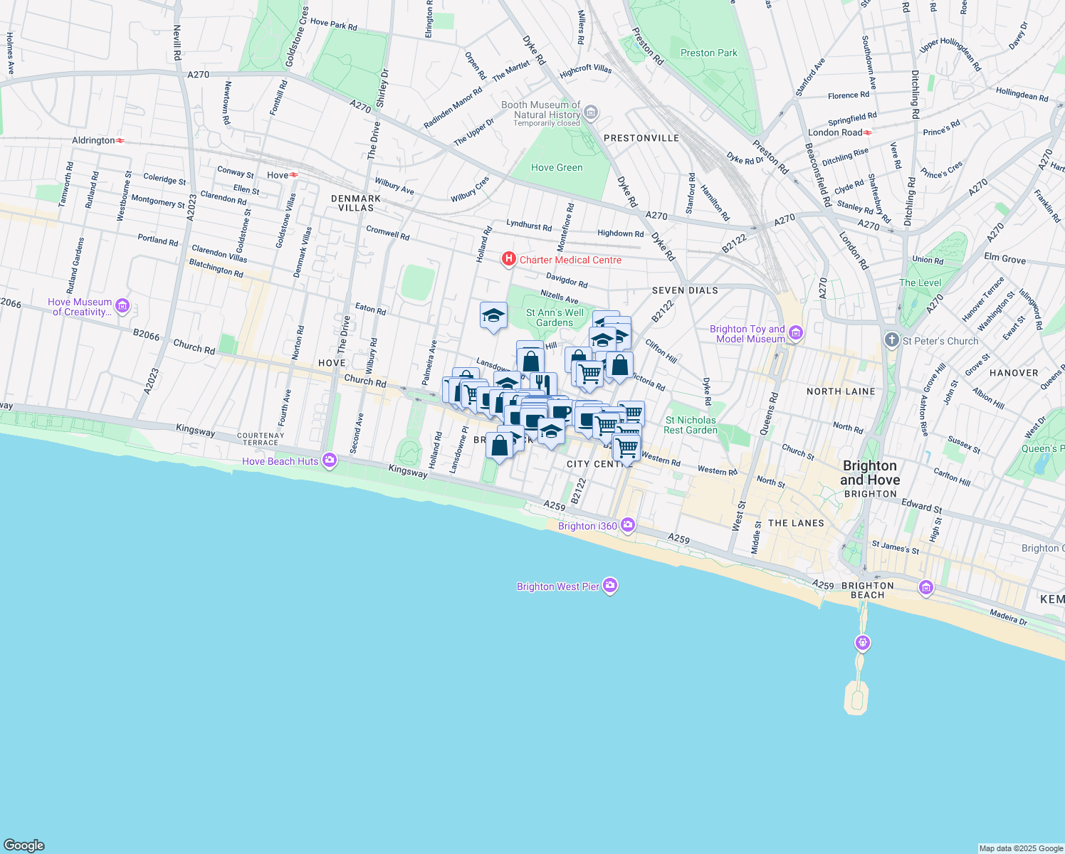 map of restaurants, bars, coffee shops, grocery stores, and more near 50 Brunswick Road in Brighton and Hove
