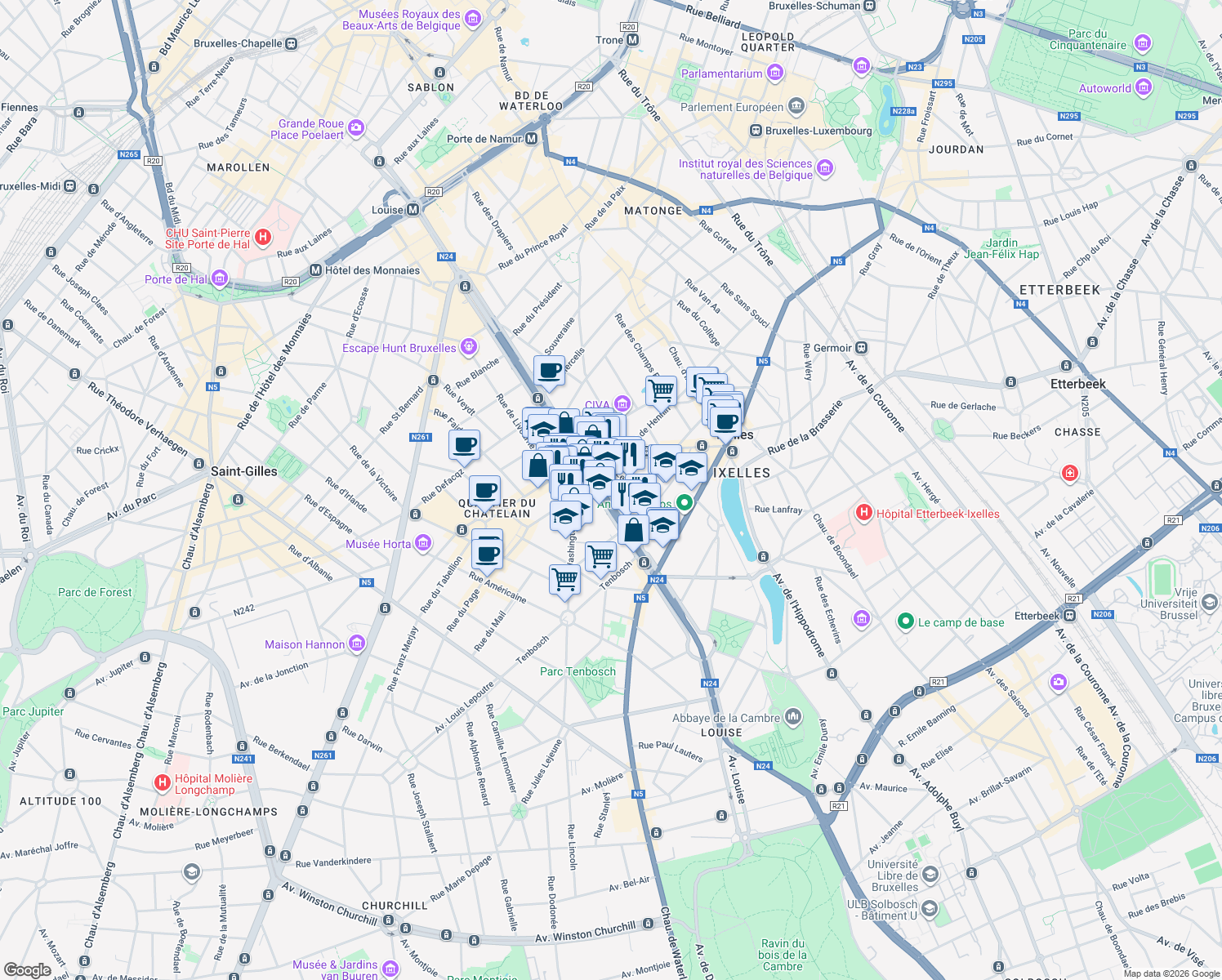 map of restaurants, bars, coffee shops, grocery stores, and more near 224 Avenue Louise in Bruxelles