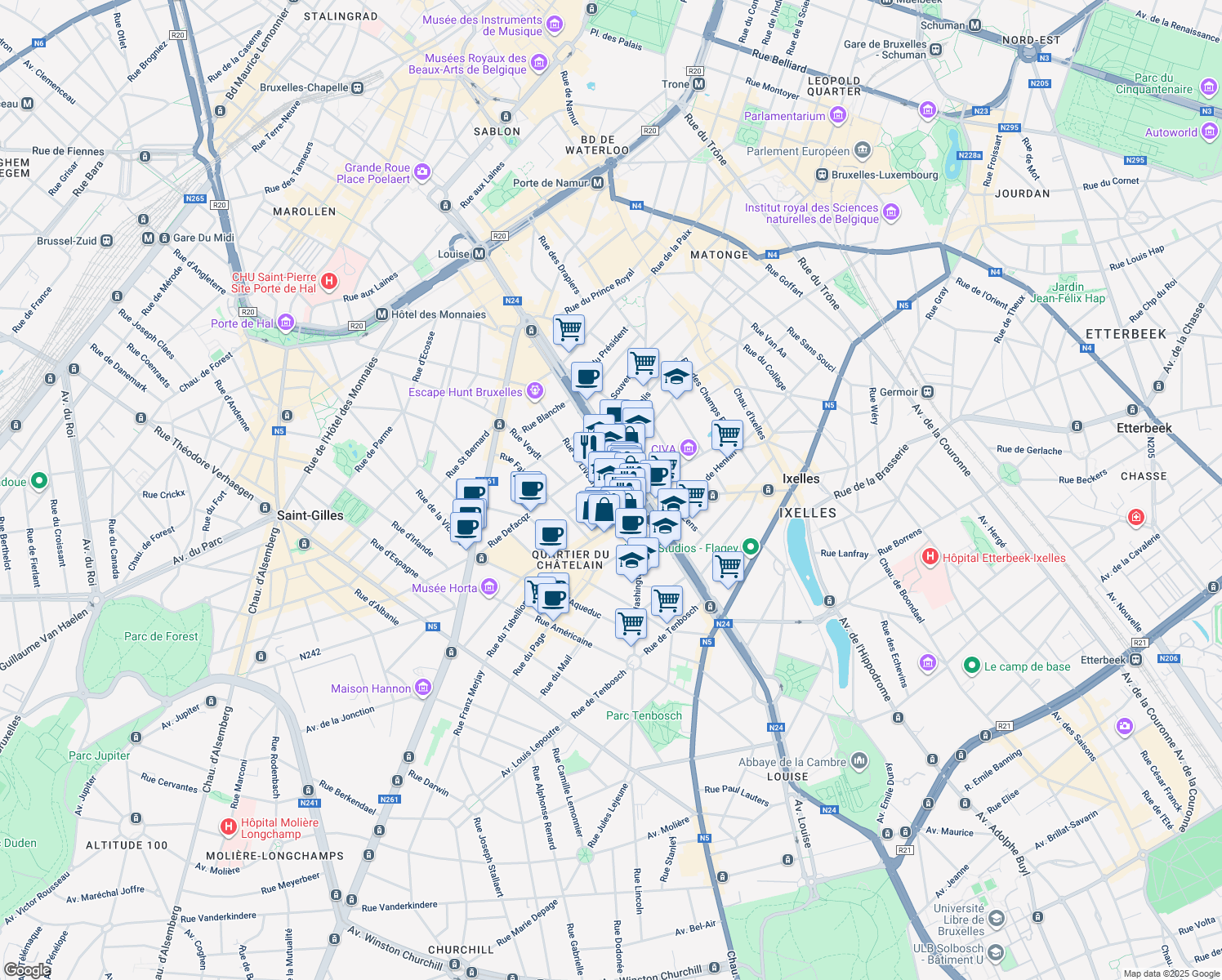 map of restaurants, bars, coffee shops, grocery stores, and more near 6 Rue Paul Emile Janson in Bruxelles