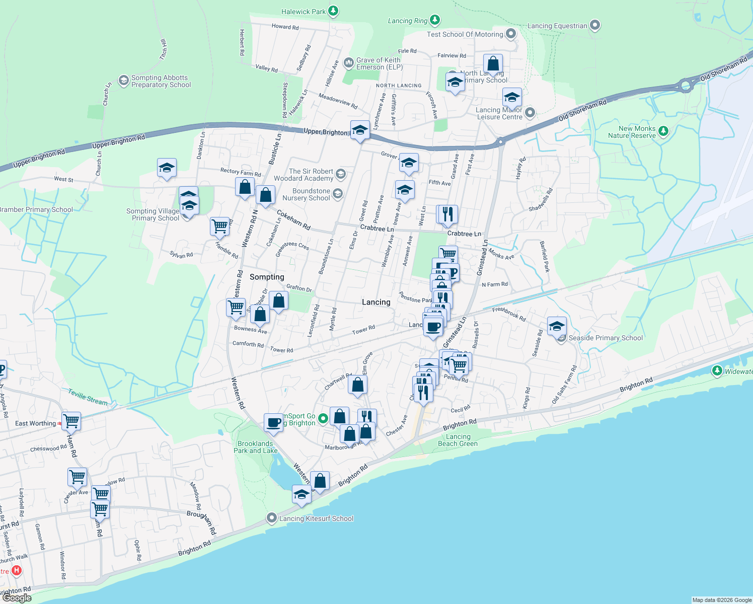map of restaurants, bars, coffee shops, grocery stores, and more near in Lancing