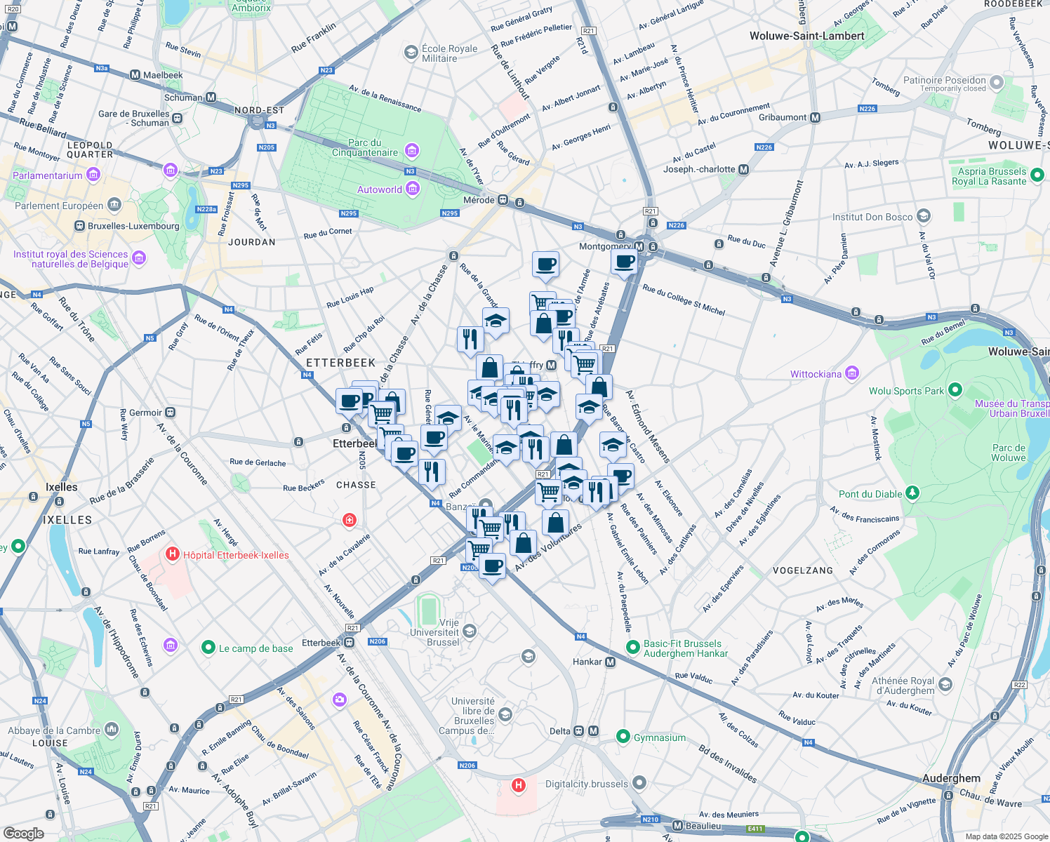 map of restaurants, bars, coffee shops, grocery stores, and more near 43 Rue de Tervaete in Etterbeek