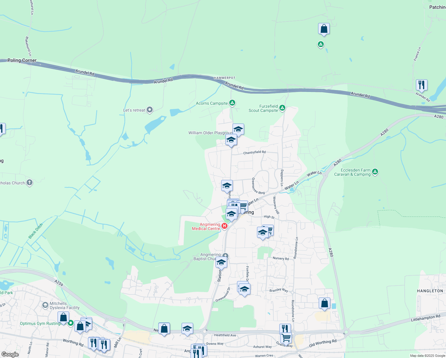 map of restaurants, bars, coffee shops, grocery stores, and more near Older Way in Angmering