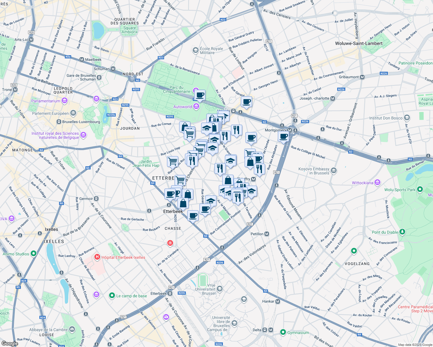 map of restaurants, bars, coffee shops, grocery stores, and more near 4 Rue du Vindictive in Etterbeek